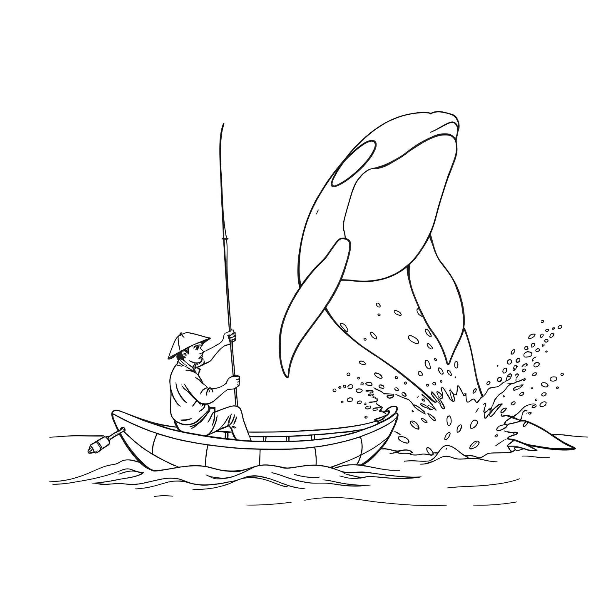 Fisherman catching a large whale in the open sea Coloring Page (free black-and-white line drawing printable PDF for all, from beginners to advanced learners, including children, teens, adults, and seniors)