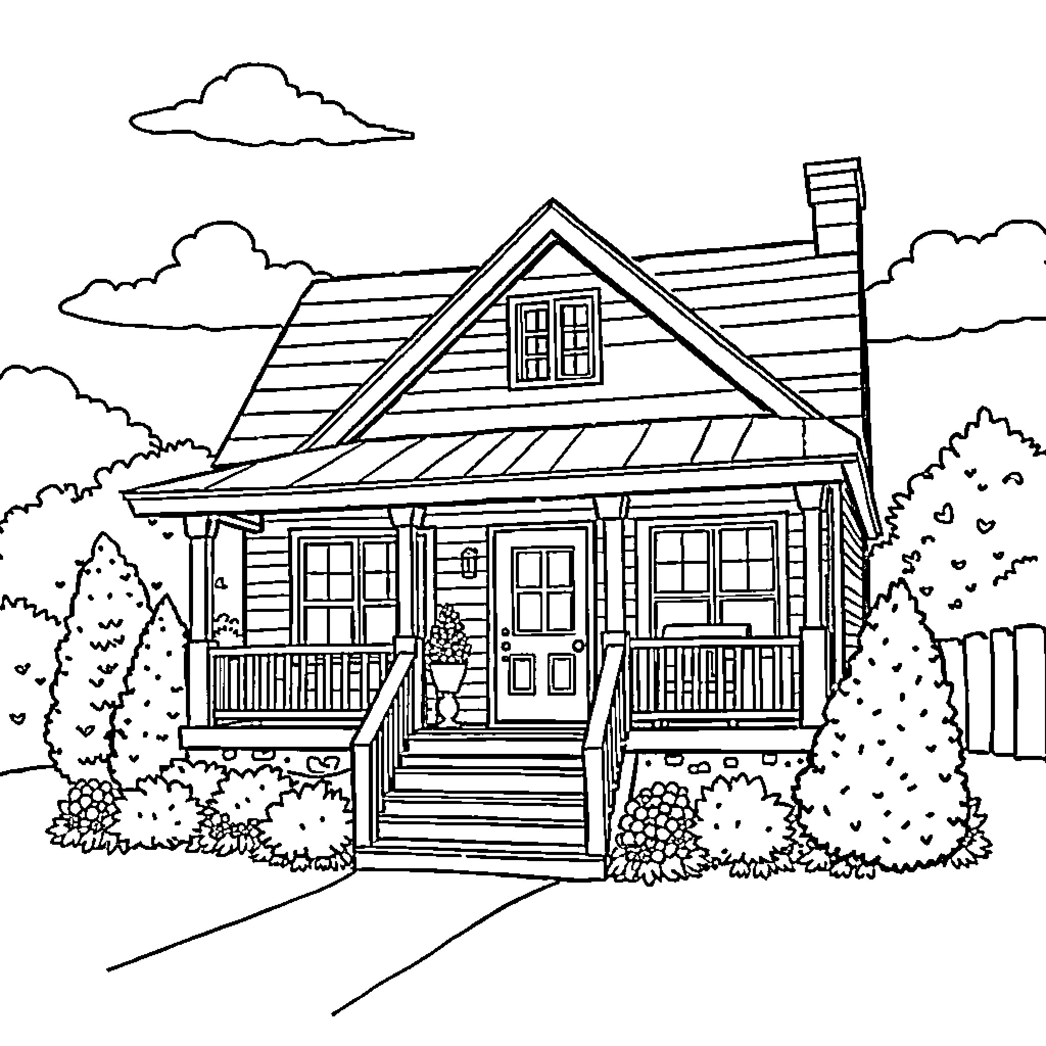 House with Inviting Porch and Landscaping Coloring Page (free black-and-white line drawing printable PDF for all, from beginners to advanced learners, including children, teens, adults, and seniors)