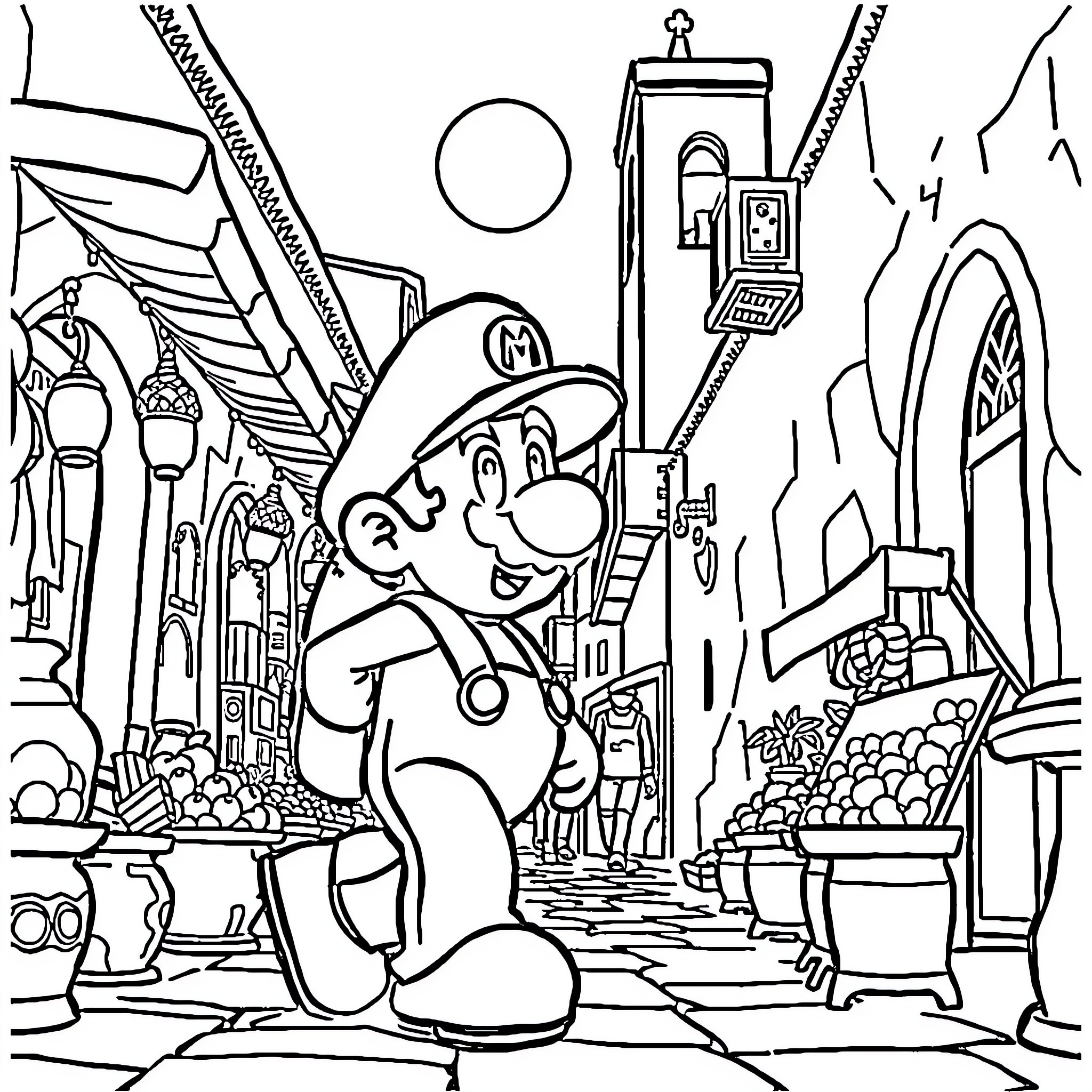 Mario's Adventures in a Vibrant City Coloring Page (free black-and-white line drawing printable PDF for all, from beginners to advanced learners, including children, teens, adults, and seniors)
