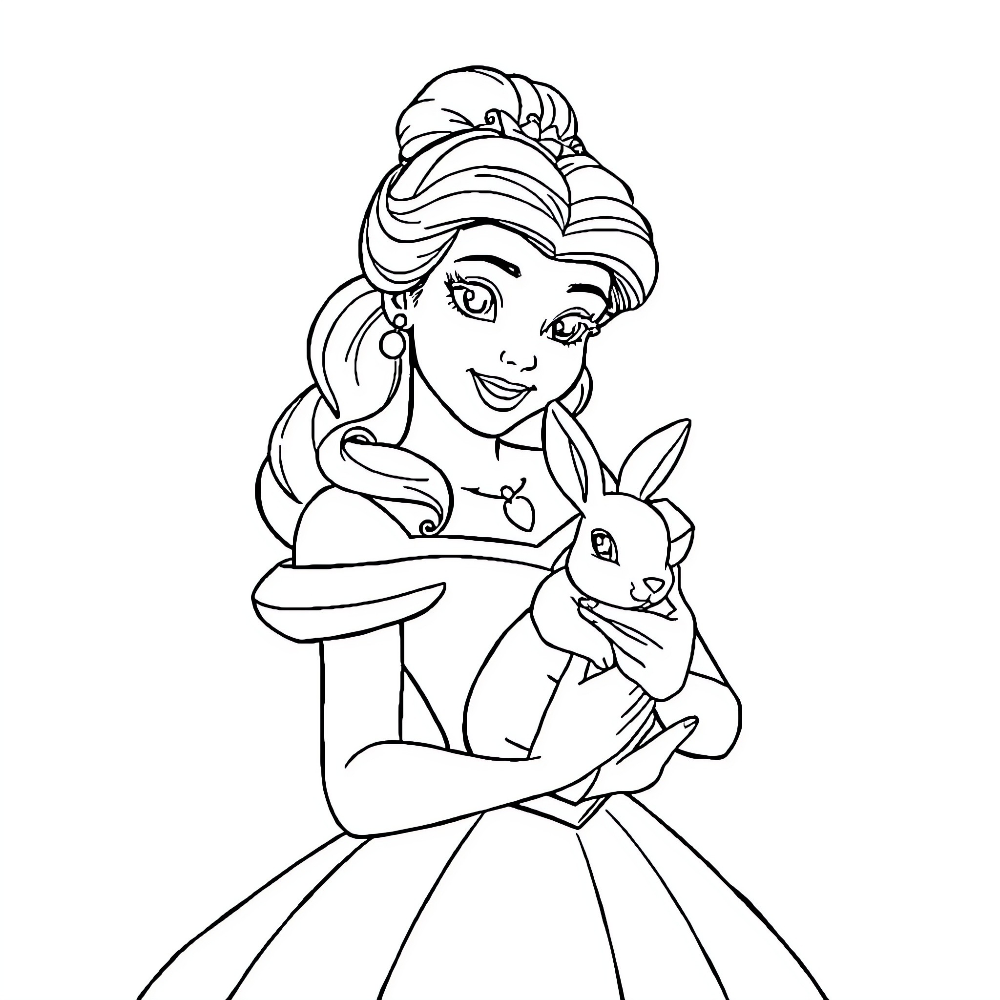 Belle interacting joyfully with a rabbit Coloring Page (free black-and-white line drawing printable PDF for all, from beginners to advanced learners, including children, teens, adults, and seniors)