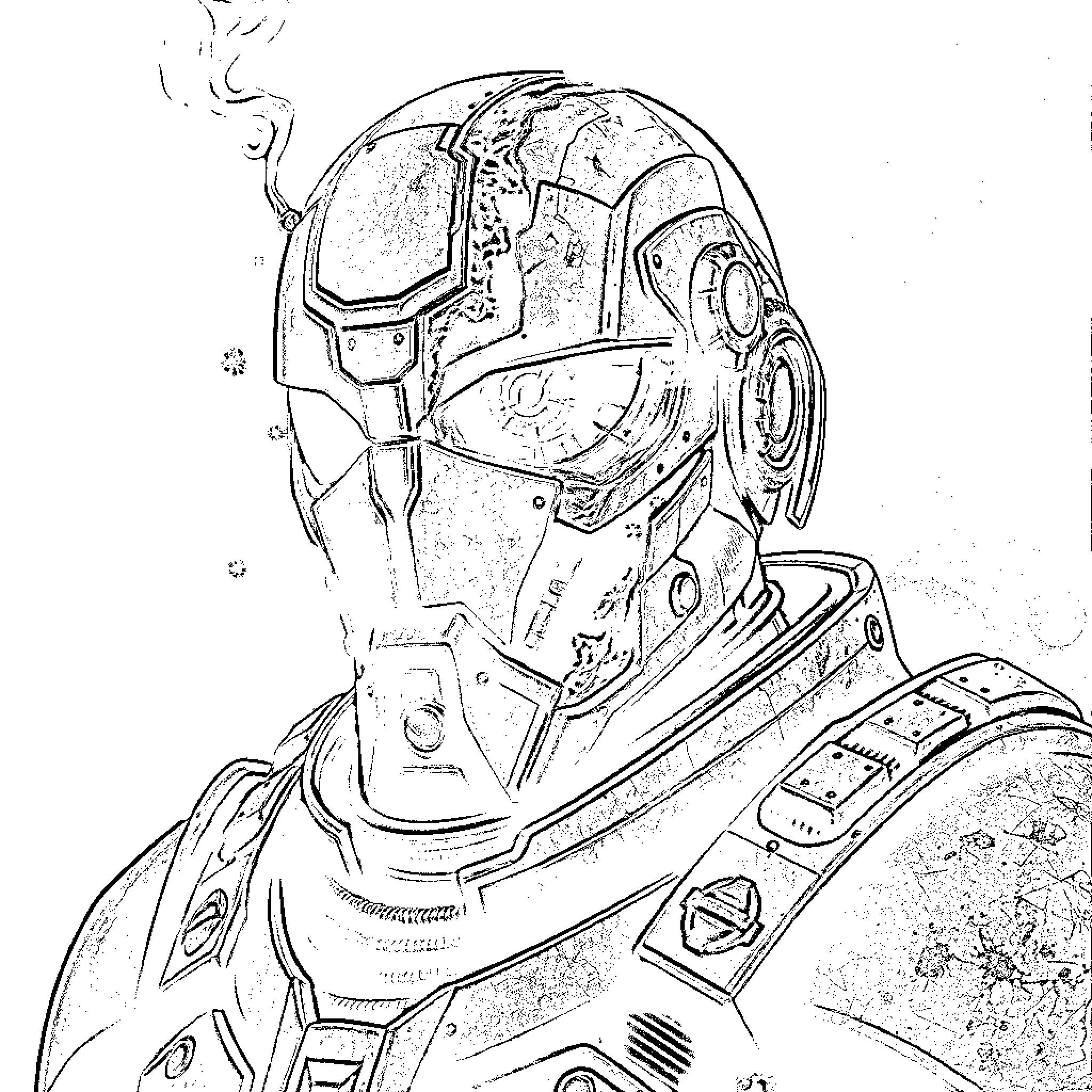 Warrior in Futuristic Battle Armor Coloring Page (free black-and-white line drawing printable PDF for all, from beginners to advanced learners, including children, teens, adults, and seniors)