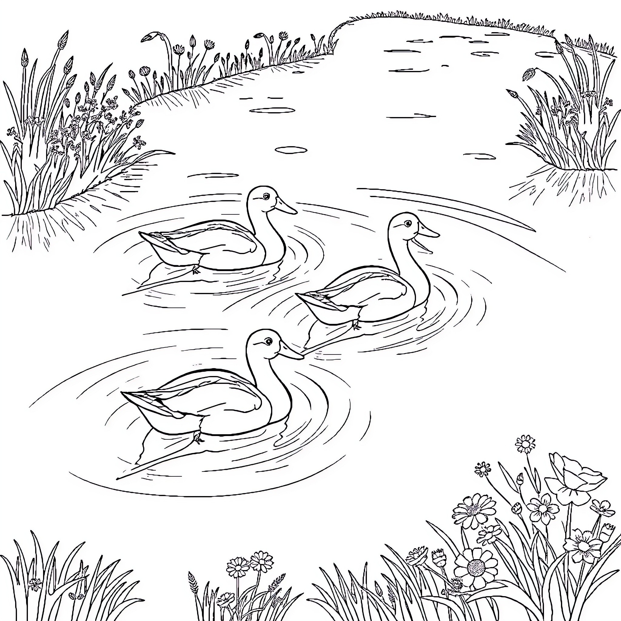 Ducks Swimming in the Pond with Scenic Foliage Coloring Page (free black-and-white line drawing printable PDF for all, from beginners to advanced learners, including children, teens, adults, and seniors)