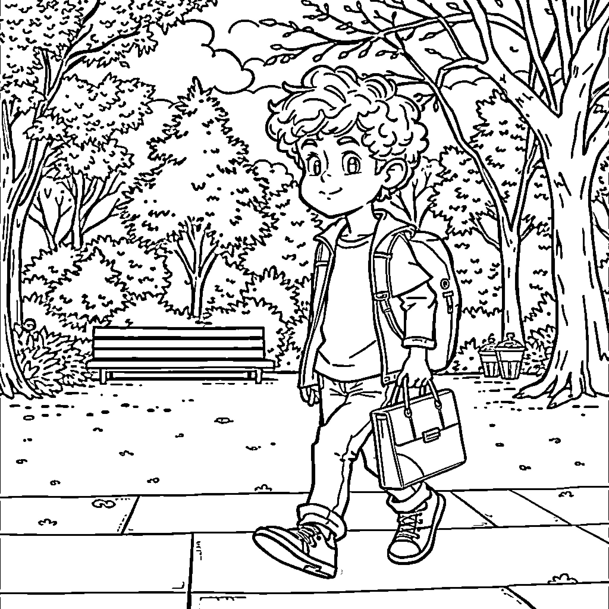 Boy Exploring the Outdoor Park Coloring Page (free black-and-white line drawing printable PDF for all, from beginners to advanced learners, including children, teens, adults, and seniors)