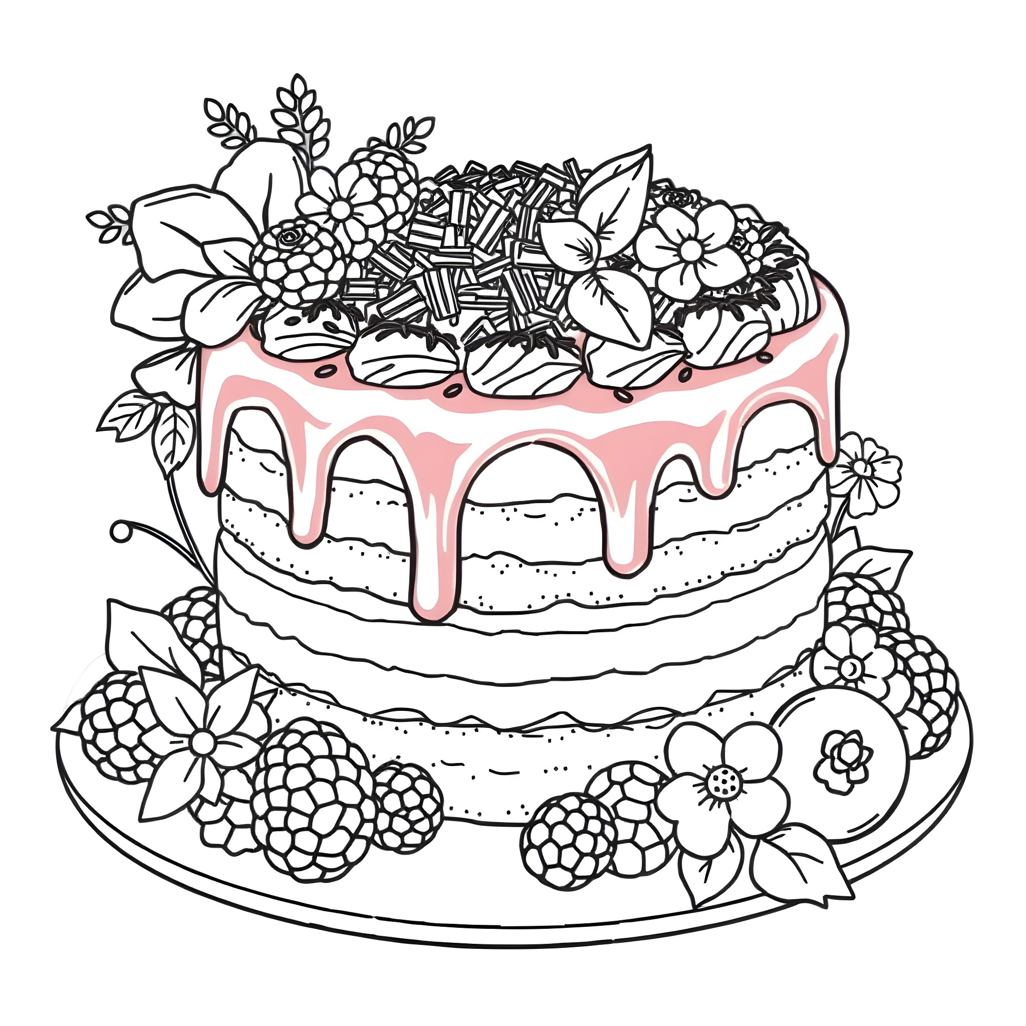 Chocolate Cake with Flowers and Berries Coloring Page (free black-and-white line drawing printable PDF for all, from beginners to advanced learners, including children, teens, adults, and seniors)