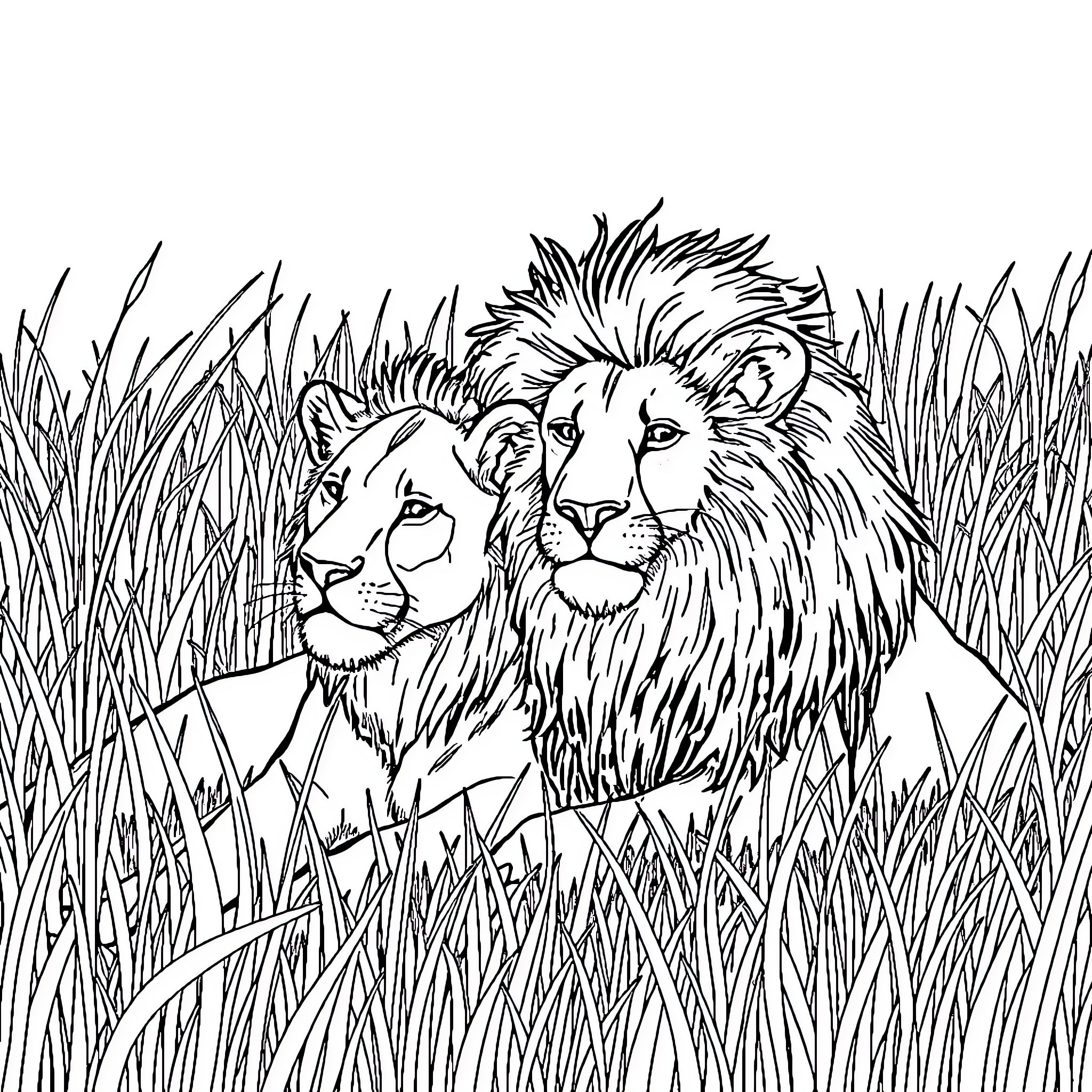 Lion couple lounging in the tall grass Coloring Page (free black-and-white line drawing printable PDF for all, from beginners to advanced learners, including children, teens, adults, and seniors)
