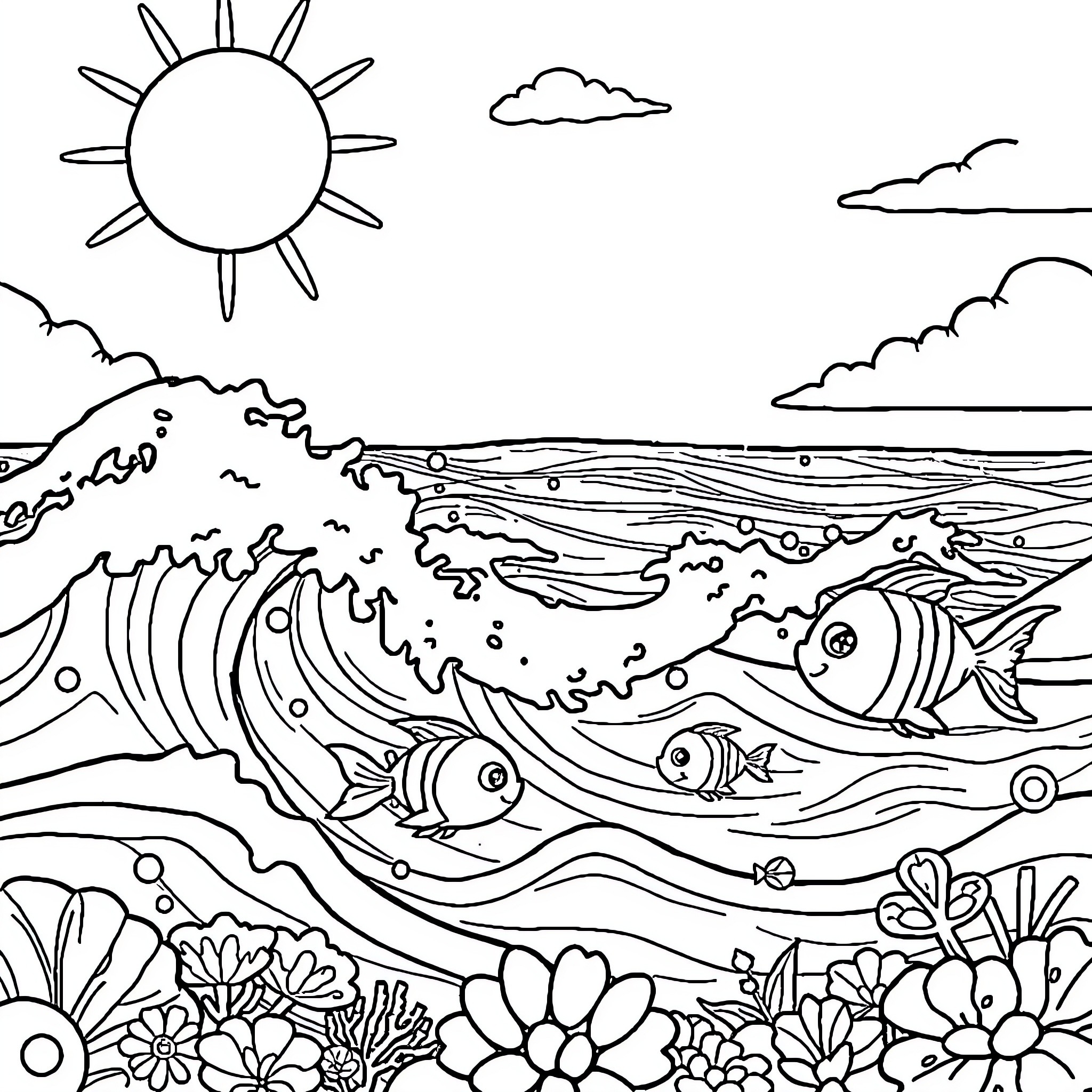 Ocean waves and marine life Coloring Page (free black-and-white line drawing printable PDF for all, from beginners to advanced learners, including children, teens, adults, and seniors)