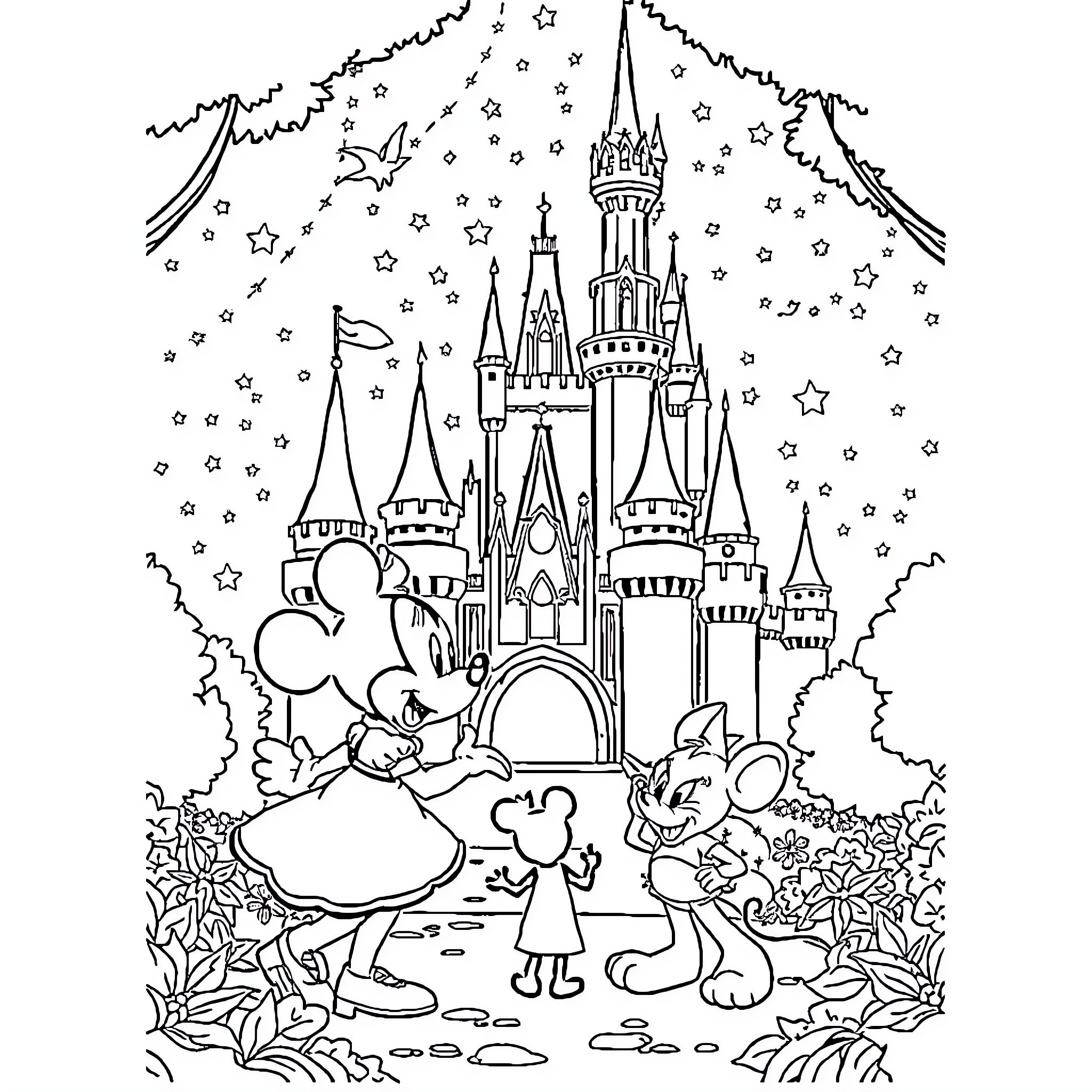 Disney Castle Fantasy Adventure with Mice Coloring Page (free black-and-white line drawing printable PDF for all, from beginners to advanced learners, including children, teens, adults, and seniors)