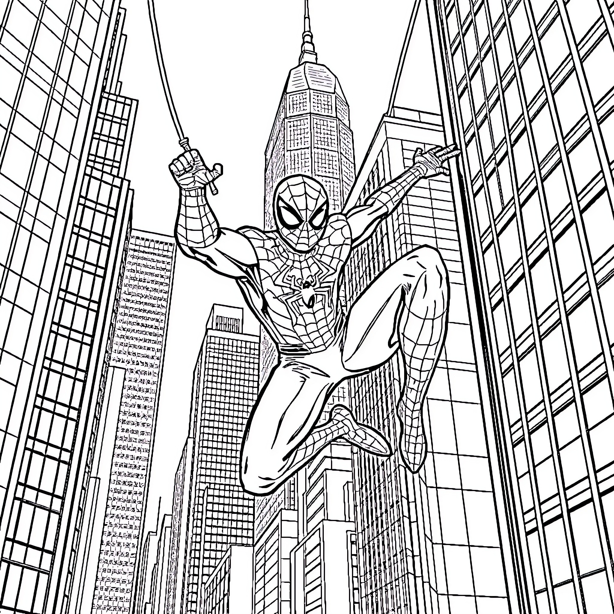Spiderman swinging through the city skyline Coloring Page (free black-and-white line drawing printable PDF for all, from beginners to advanced learners, including children, teens, adults, and seniors)