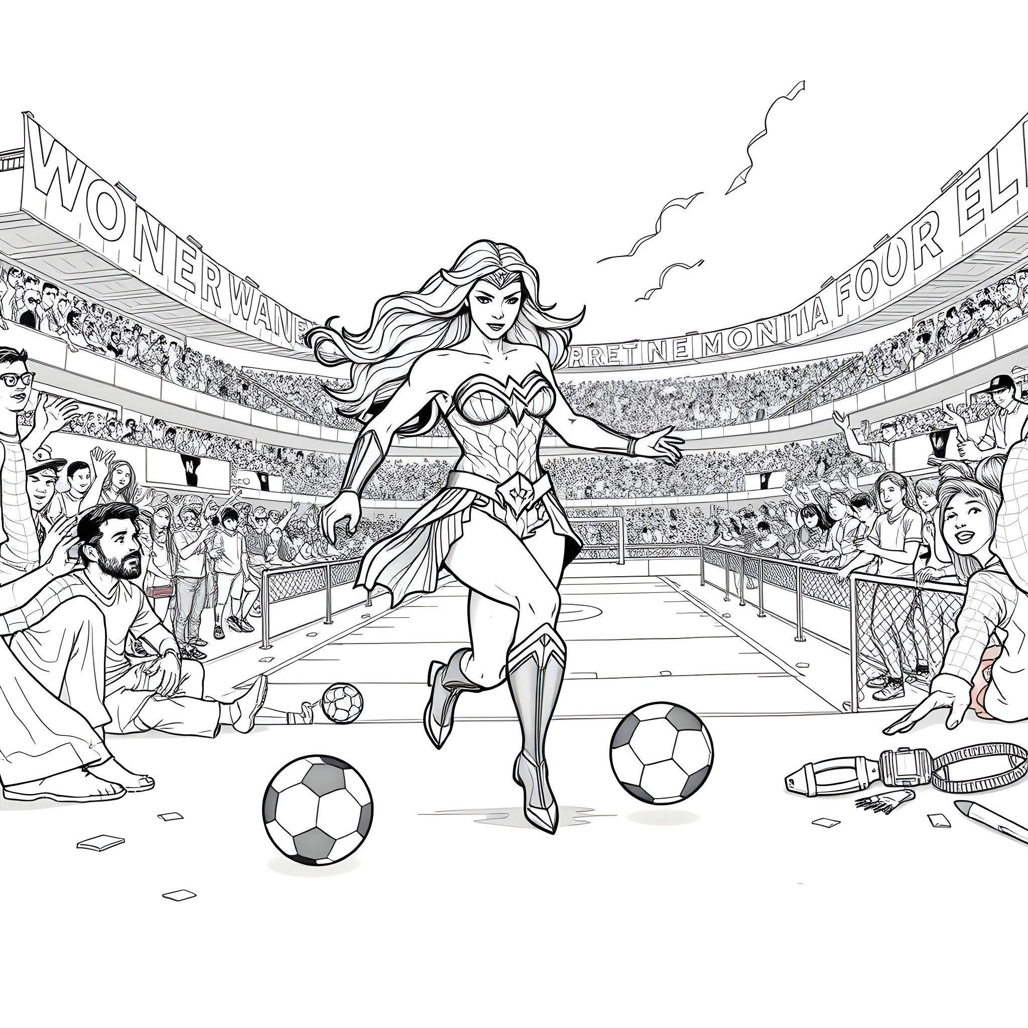 Wonder Woman heroically plays soccer in a stadium Coloring Page (free black-and-white line drawing printable PDF for all, from beginners to advanced learners, including children, teens, adults, and seniors)