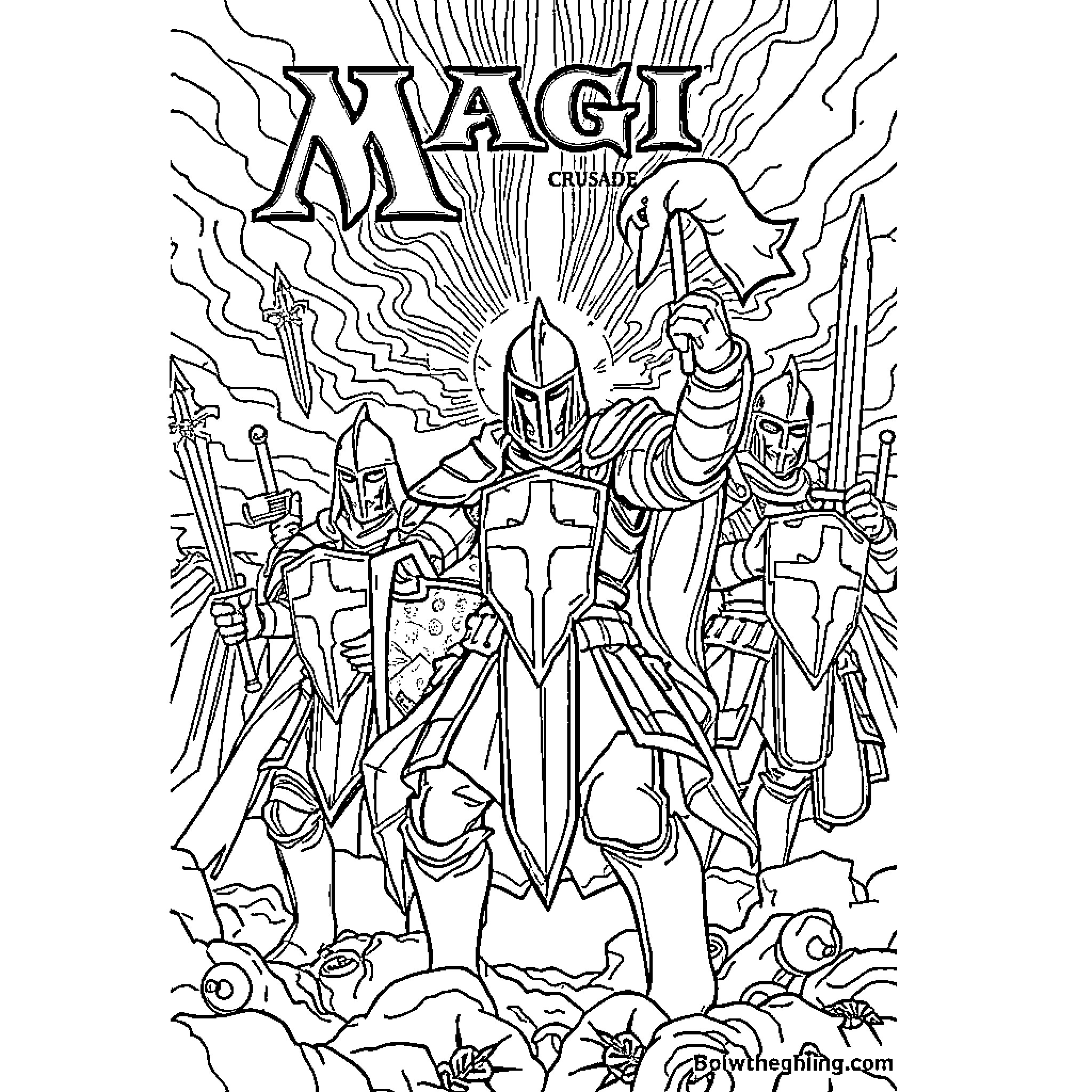 Magic Crusaders in Epic Battle Stance Coloring Page (free black-and-white line drawing printable PDF for all, from beginners to advanced learners, including children, teens, adults, and seniors)