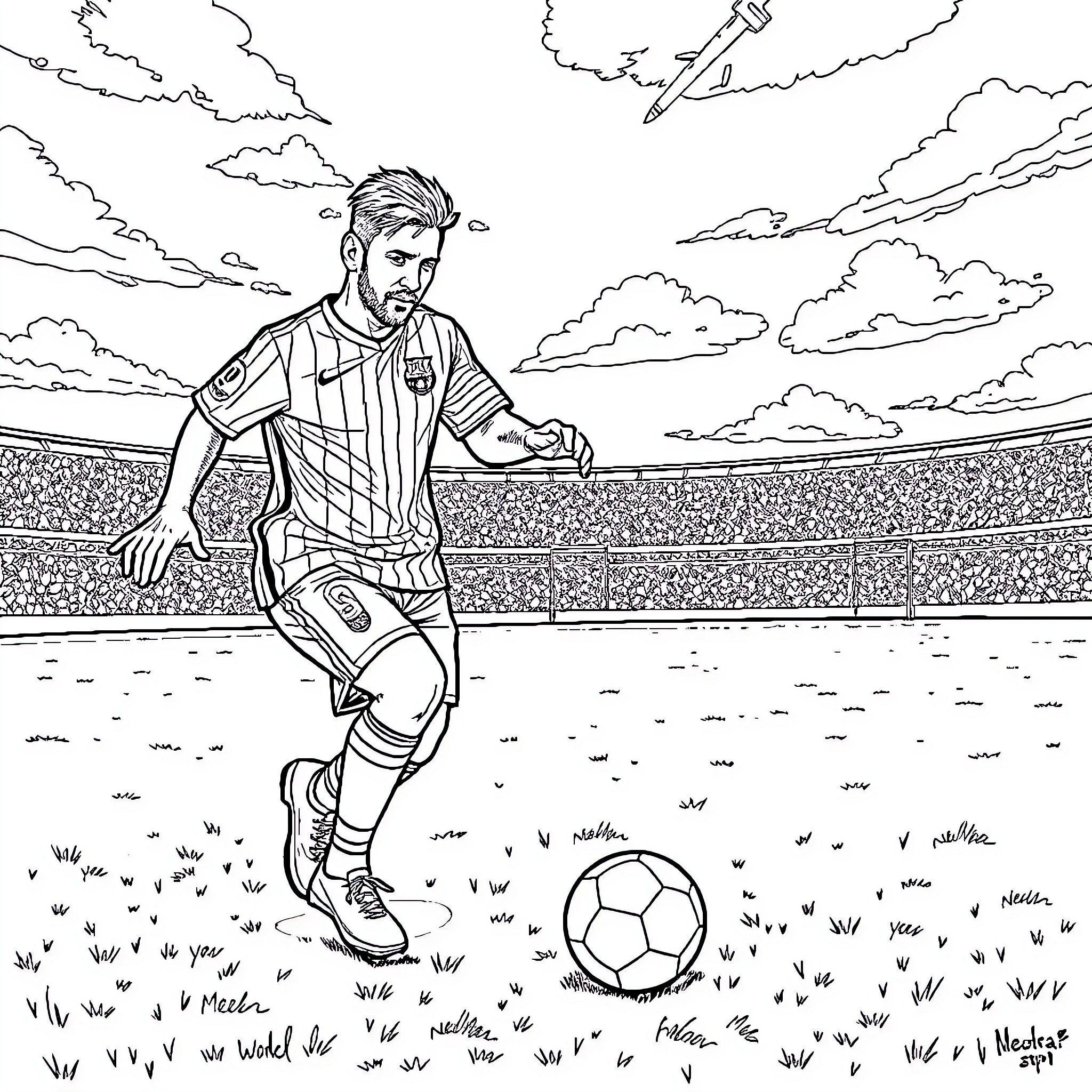 Messi playing football on the field Coloring Page (free black-and-white line drawing printable PDF for all, from beginners to advanced learners, including children, teens, adults, and seniors)