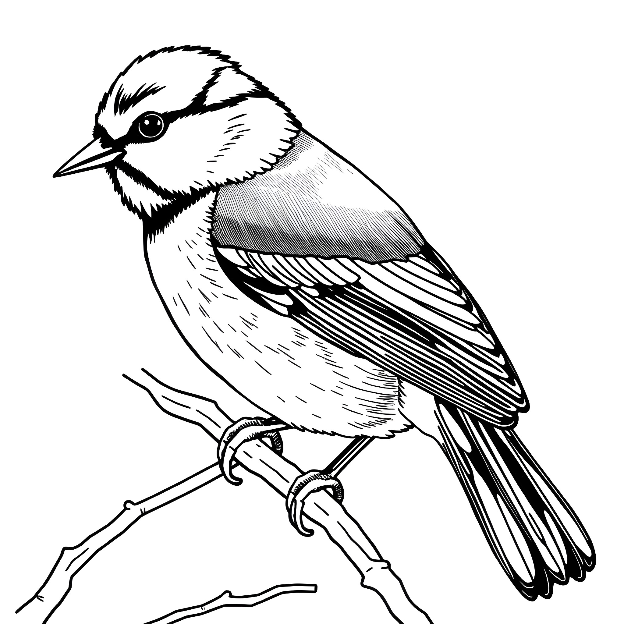 Great Tit perched on a branch Coloring Page (free black-and-white line drawing printable PDF for all, from beginners to advanced learners, including children, teens, adults, and seniors)