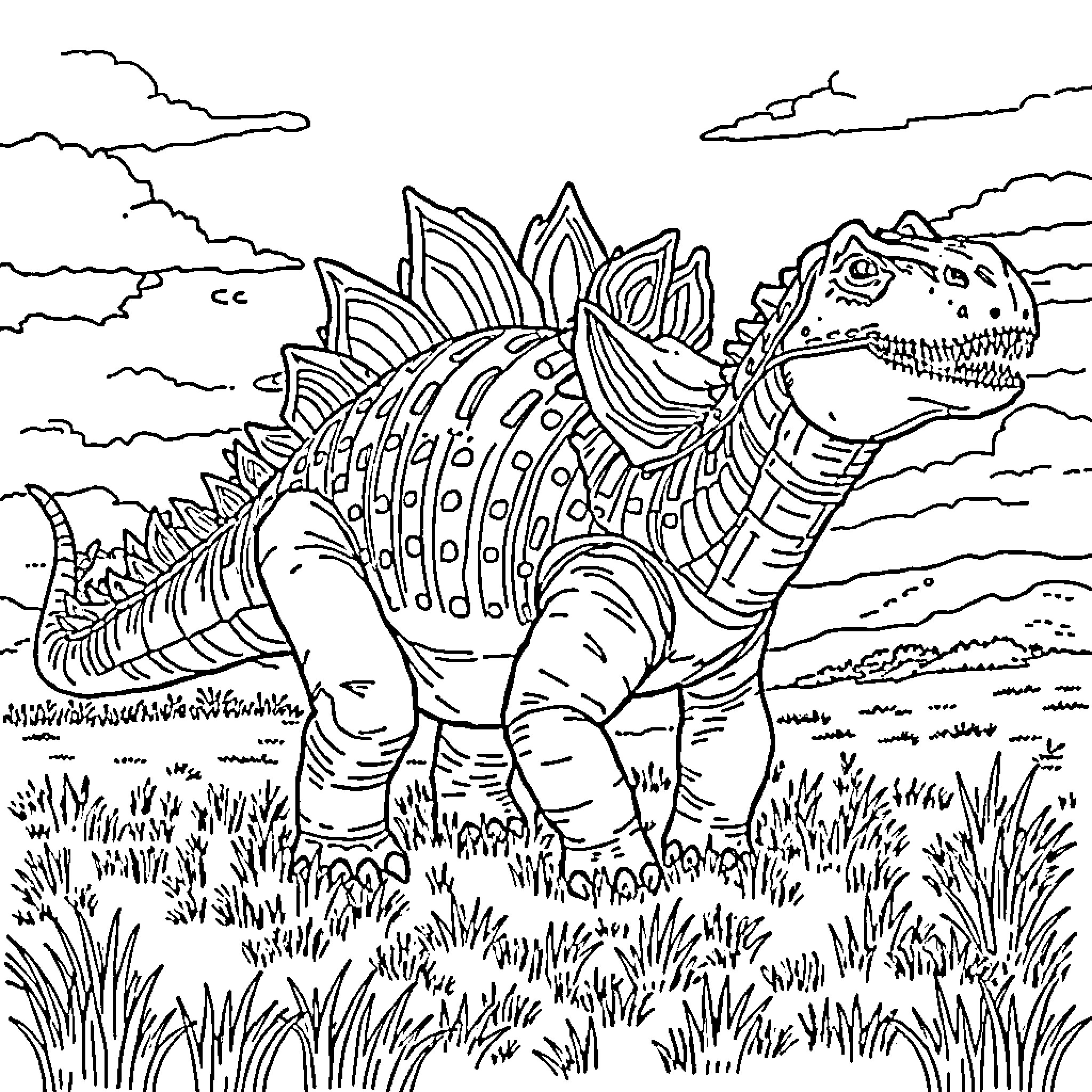 Ankylosaurus exploring the prehistoric landscape Coloring Page (free black-and-white line drawing printable PDF for all, from beginners to advanced learners, including children, teens, adults, and seniors)