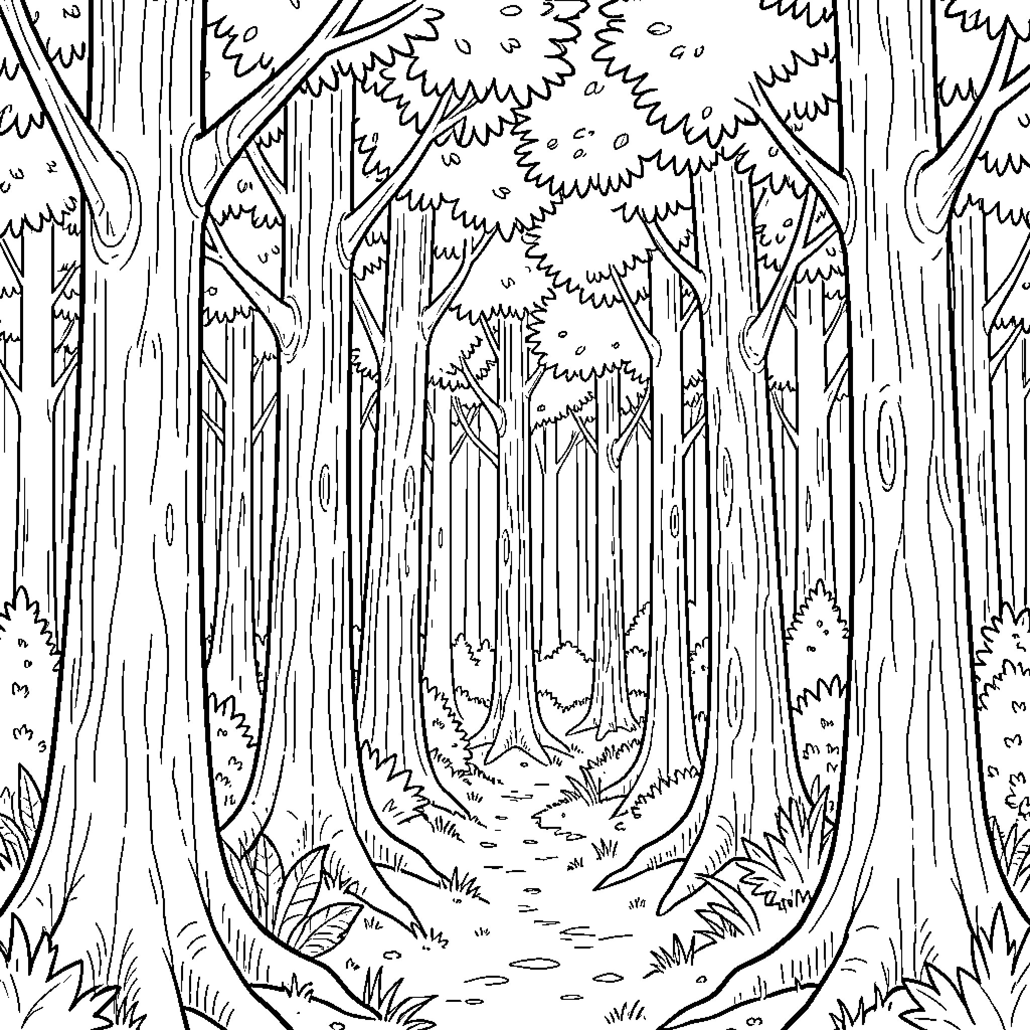 Forest trees lining a winding path through woods Coloring Page (free black-and-white line drawing printable PDF for all, from beginners to advanced learners, including children, teens, adults, and seniors)