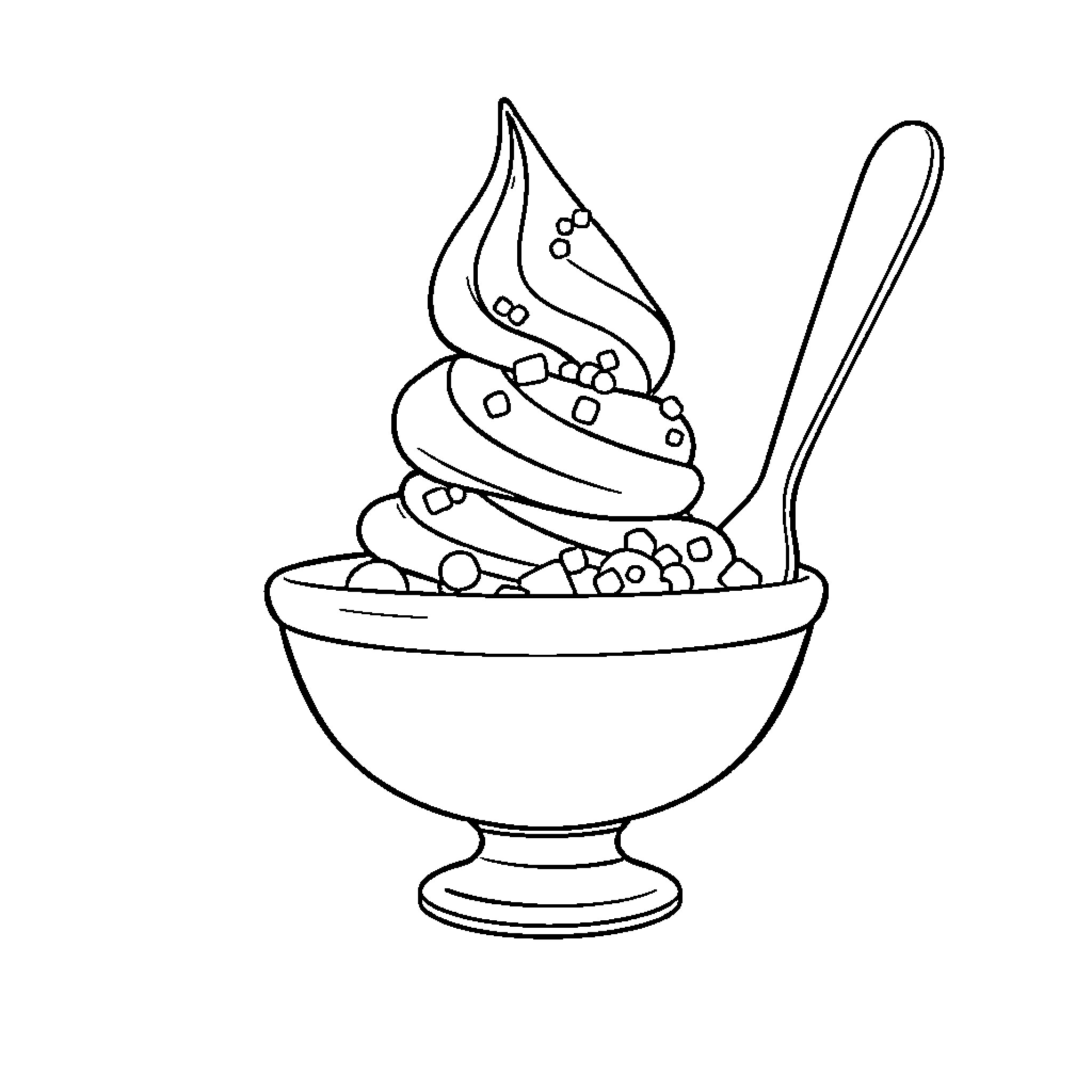 Ice Cream Sundae in Bowl with Spoon Coloring Page (free black-and-white line drawing printable PDF for all, from beginners to advanced learners, including children, teens, adults, and seniors)