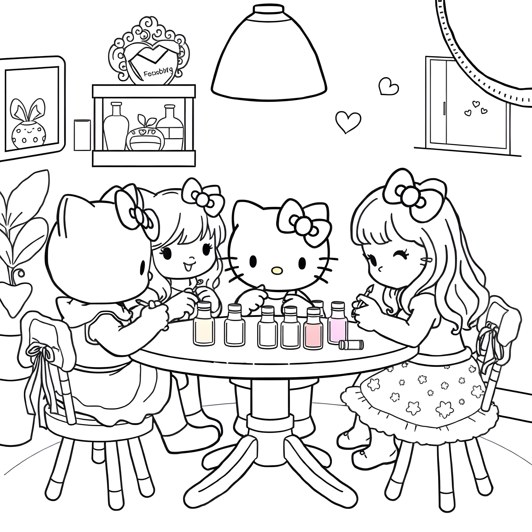 Hello Kitty and friends enjoying a tea party Coloring Page (free black-and-white line drawing printable PDF for all, from beginners to advanced learners, including children, teens, adults, and seniors)