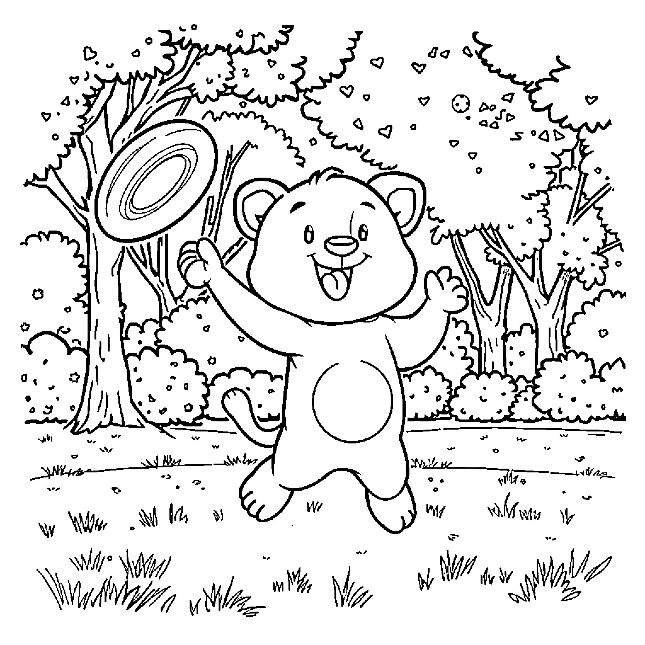 Bubu's Playful Adventure in the Enchanting Forest Coloring Page (free black-and-white line drawing printable PDF for all, from beginners to advanced learners, including children, teens, adults, and seniors)