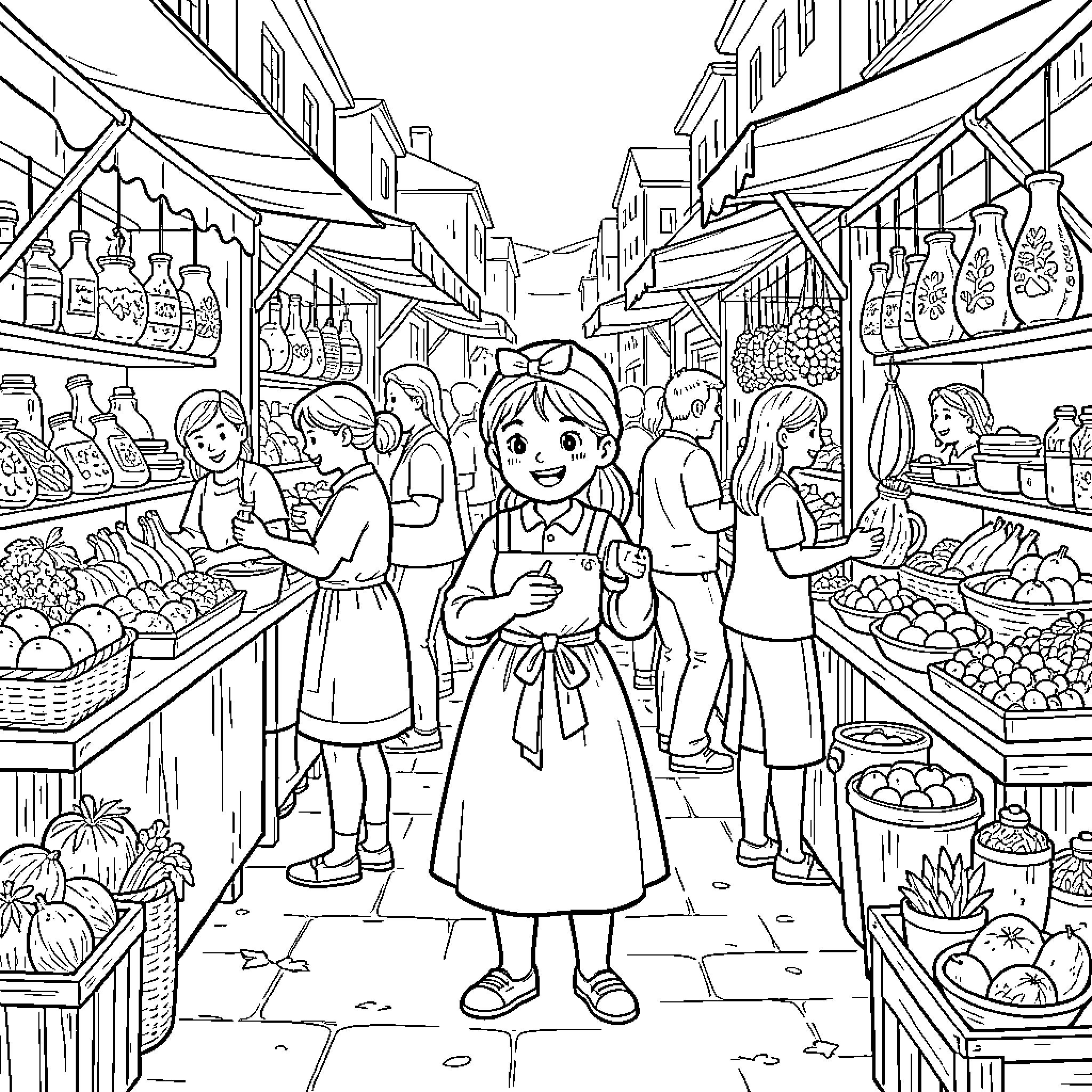 Luli Pampin walking through a busy outdoor market scene Coloring Page (free black-and-white line drawing printable PDF for all, from beginners to advanced learners, including children, teens, adults, and seniors)