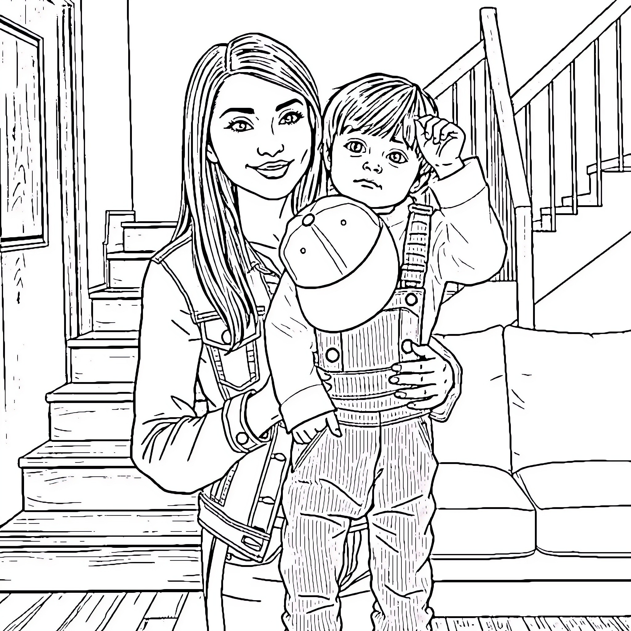 Woman and child sharing a tender moment on the stairs Coloring Page (free black-and-white line drawing printable PDF for all, from beginners to advanced learners, including children, teens, adults, and seniors)