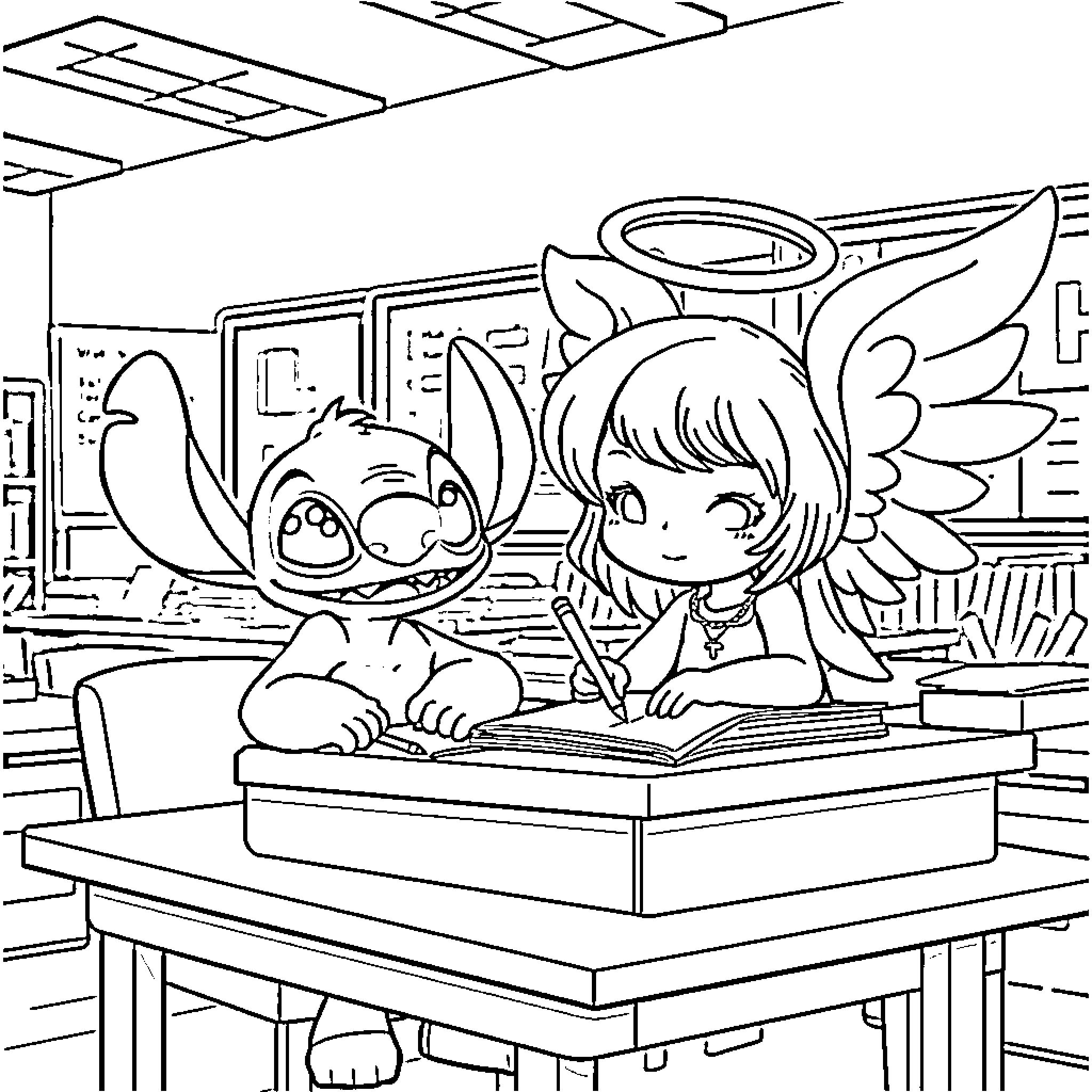 Angel and Stitch Reading Books in the Classroom Coloring Page (free black-and-white line drawing printable PDF for all, from beginners to advanced learners, including children, teens, adults, and seniors)
