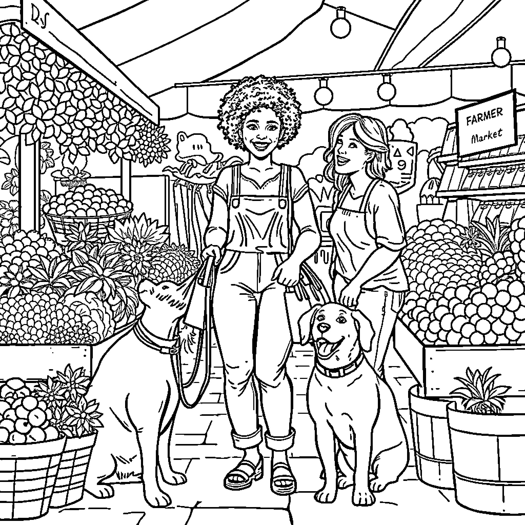 Woman and two companions at a farmer's market Coloring Page (free black-and-white line drawing printable PDF for all, from beginners to advanced learners, including children, teens, adults, and seniors)