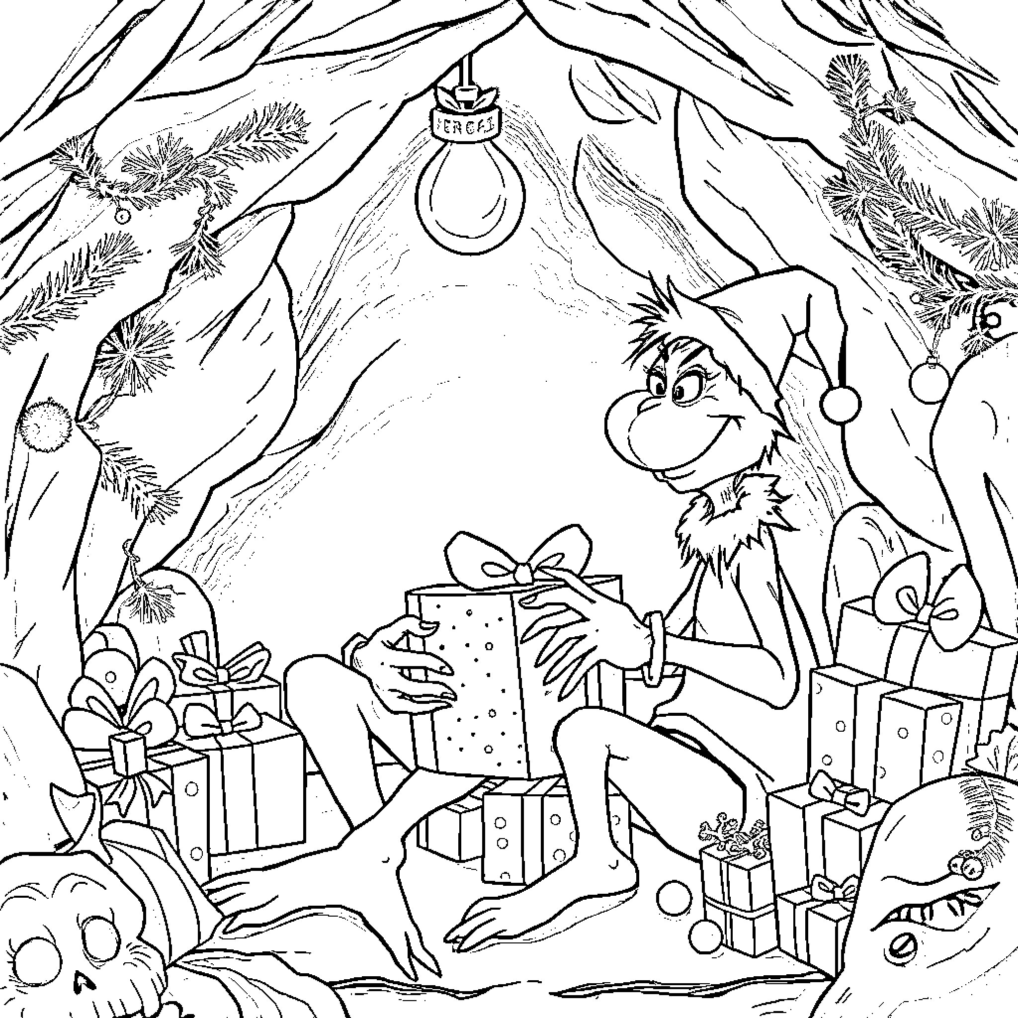 Grinch enjoying Christmas presents in the forest Coloring Page (free black-and-white line drawing printable PDF for all, from beginners to advanced learners, including children, teens, adults, and seniors)