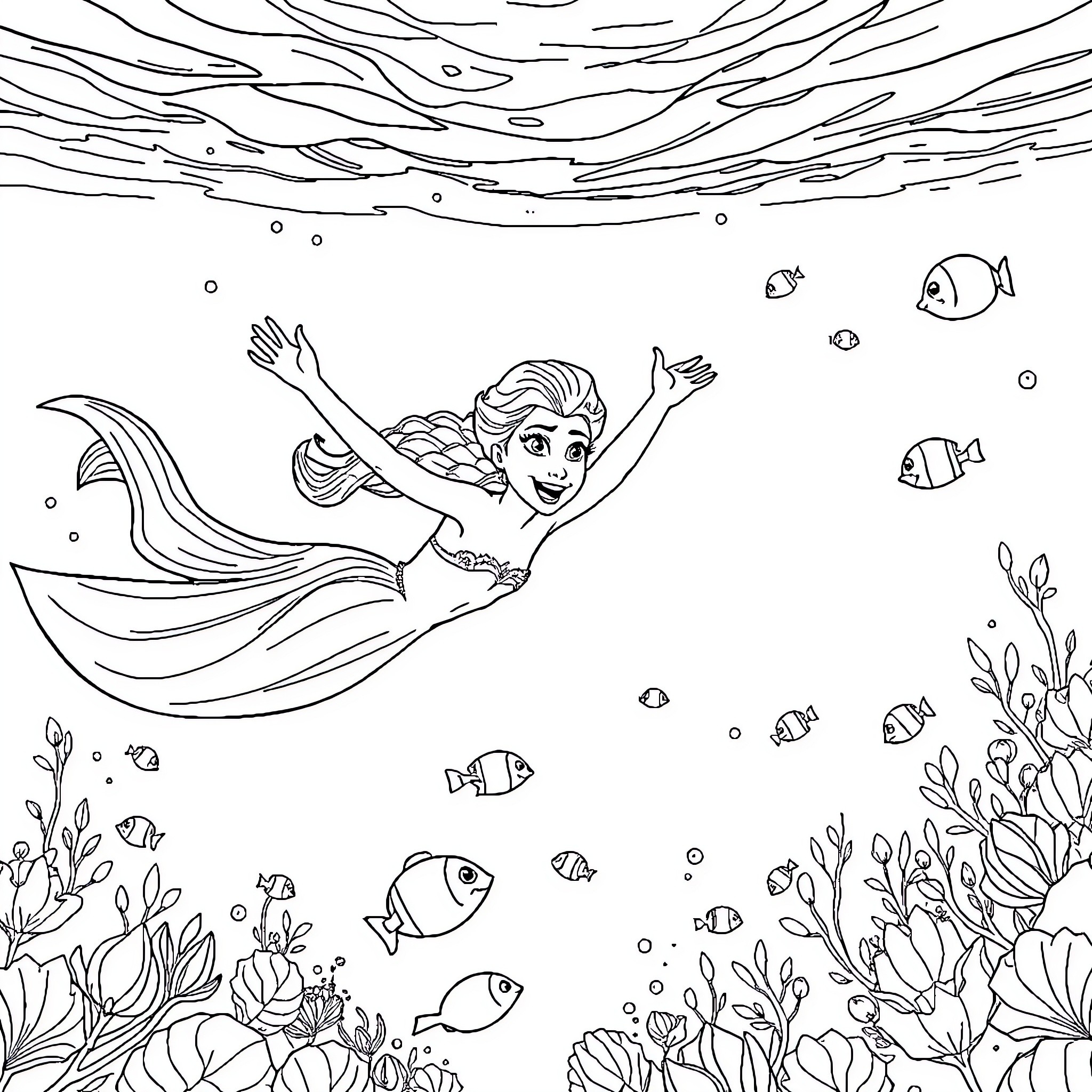 Elsa's Underwater Adventure with Aquatic Friends Coloring Page (free black-and-white line drawing printable PDF for all, from beginners to advanced learners, including children, teens, adults, and seniors)