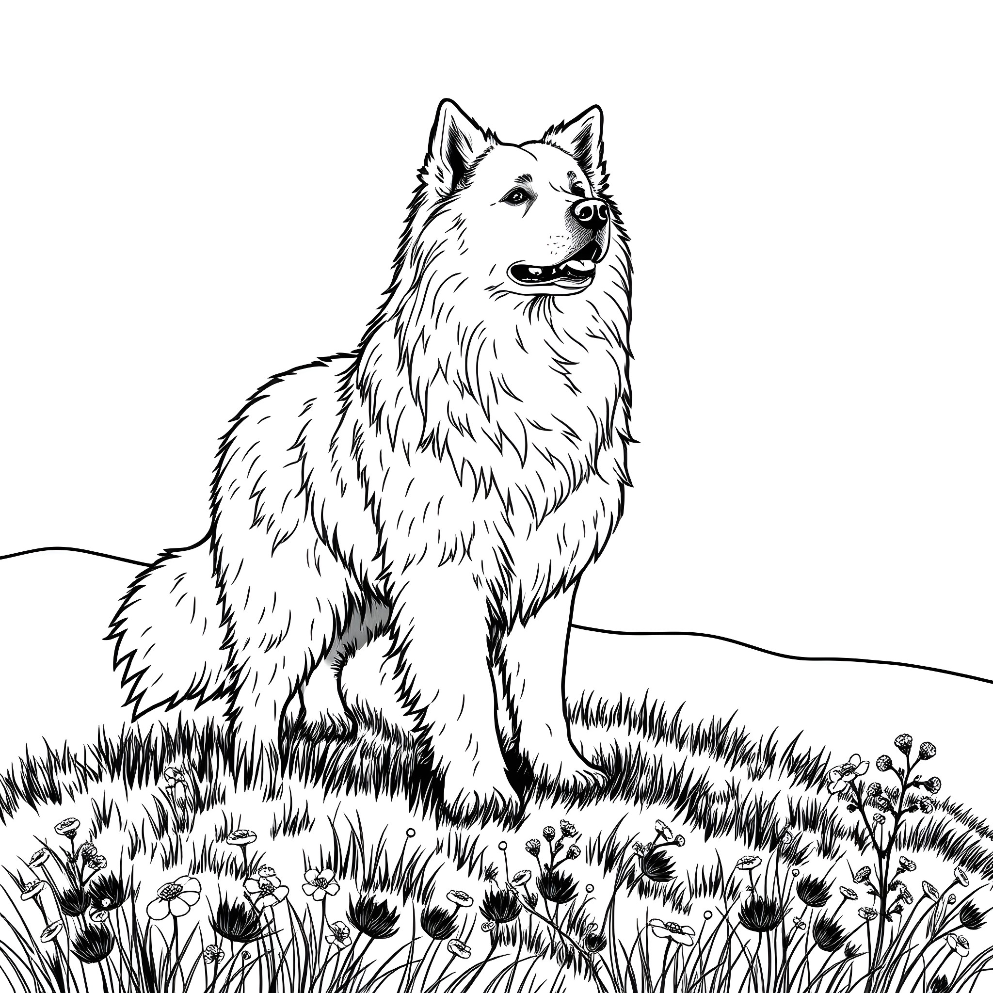 Great Pyrenees sitting proudly in a field of flowers Coloring Page (free black-and-white line drawing printable PDF for all, from beginners to advanced learners, including children, teens, adults, and seniors)
