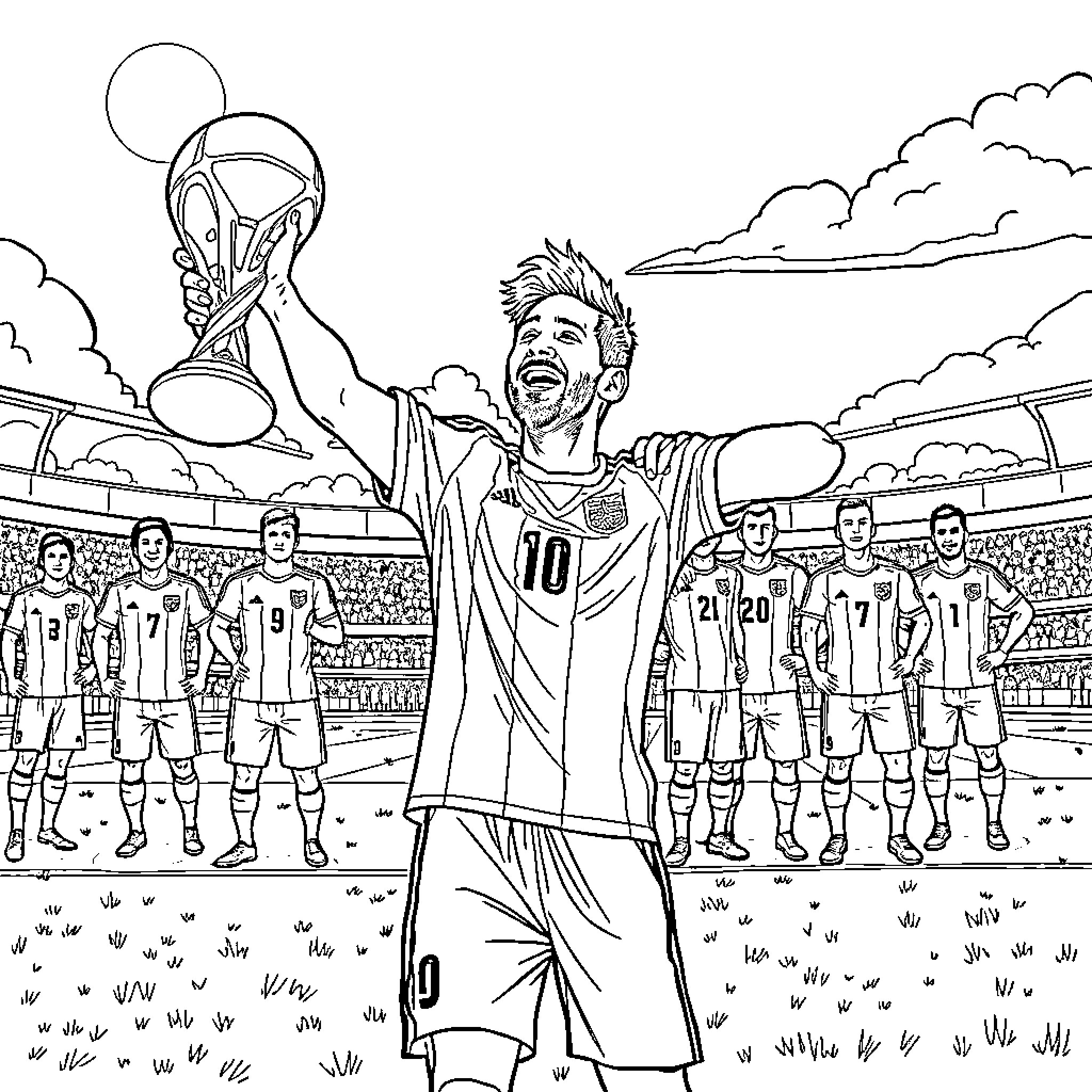 Lionel Messi celebrating victory with teammates on the field Coloring Page (free black-and-white line drawing printable PDF for all, from beginners to advanced learners, including children, teens, adults, and seniors)