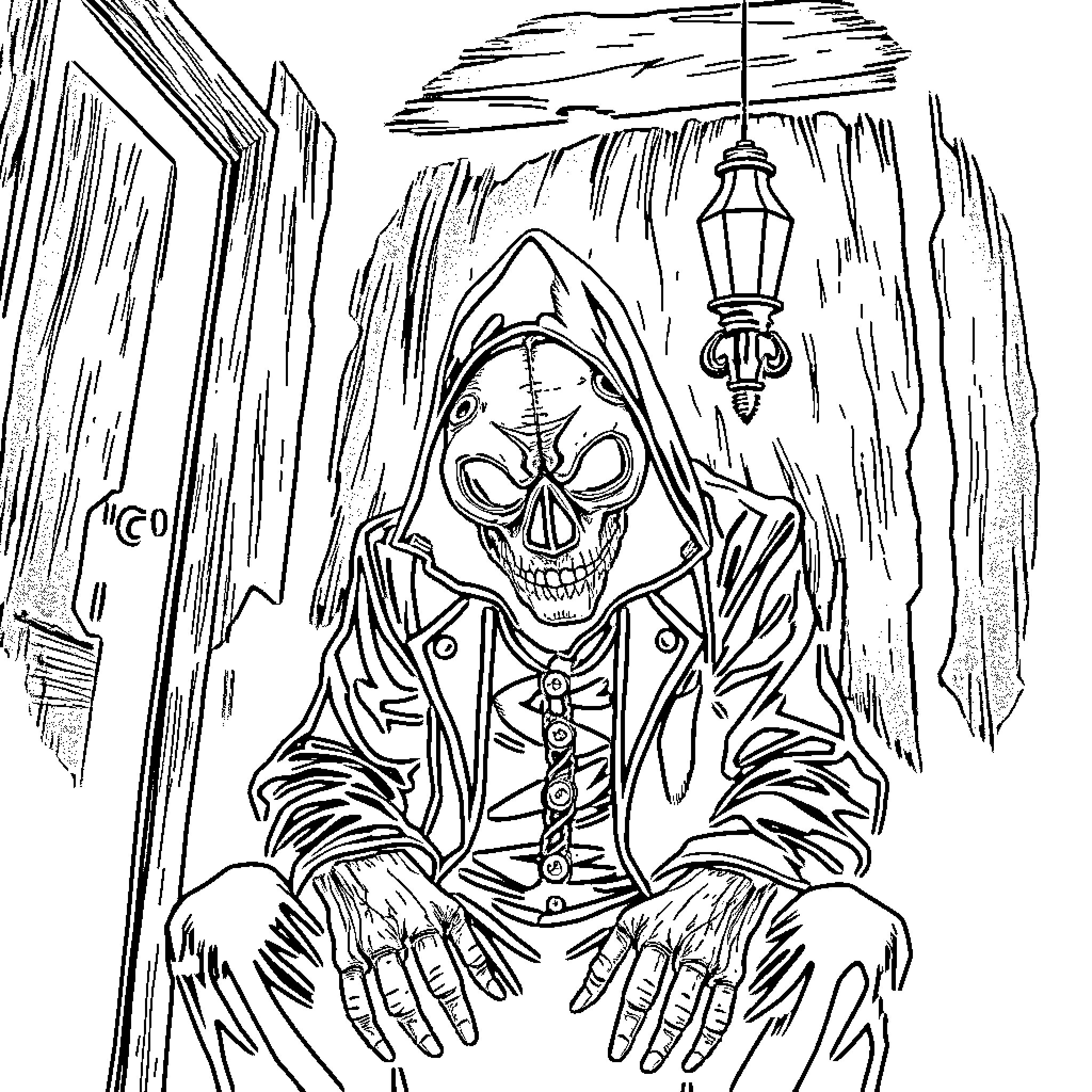 Jigsaw Piece Hooded Figure in Eerie Alleyway Coloring Page (free black-and-white line drawing printable PDF for all, from beginners to advanced learners, including children, teens, adults, and seniors)
