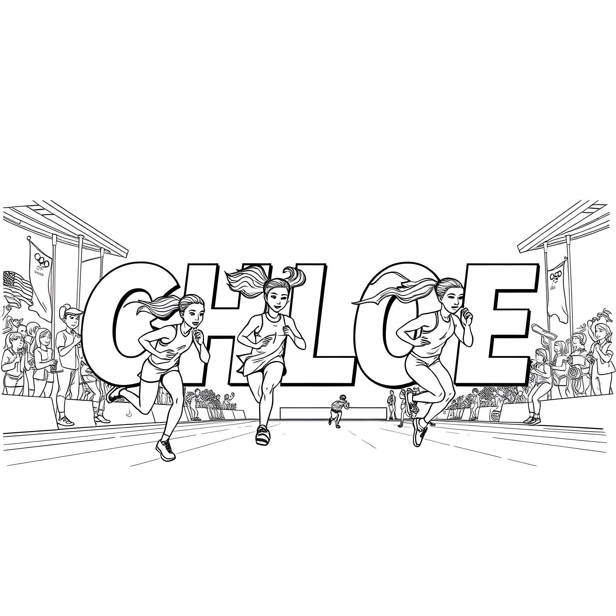 Chloe participating in a running event Coloring Page (free black-and-white line drawing printable PDF for all, from beginners to advanced learners, including children, teens, adults, and seniors)