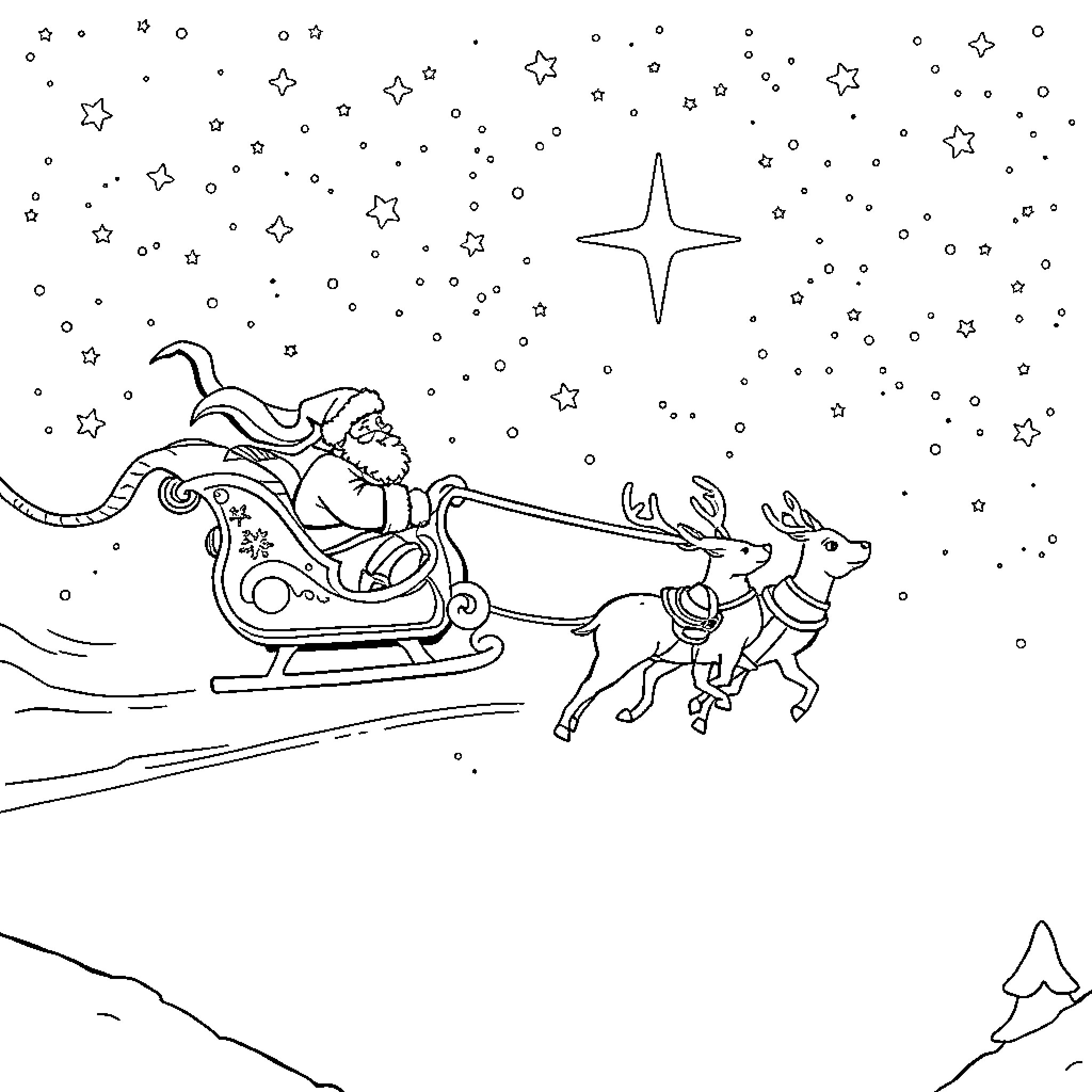 Santa Claus riding his sleigh with reindeer in the night sky Coloring Page (free black-and-white line drawing printable PDF for all, from beginners to advanced learners, including children, teens, adults, and seniors)