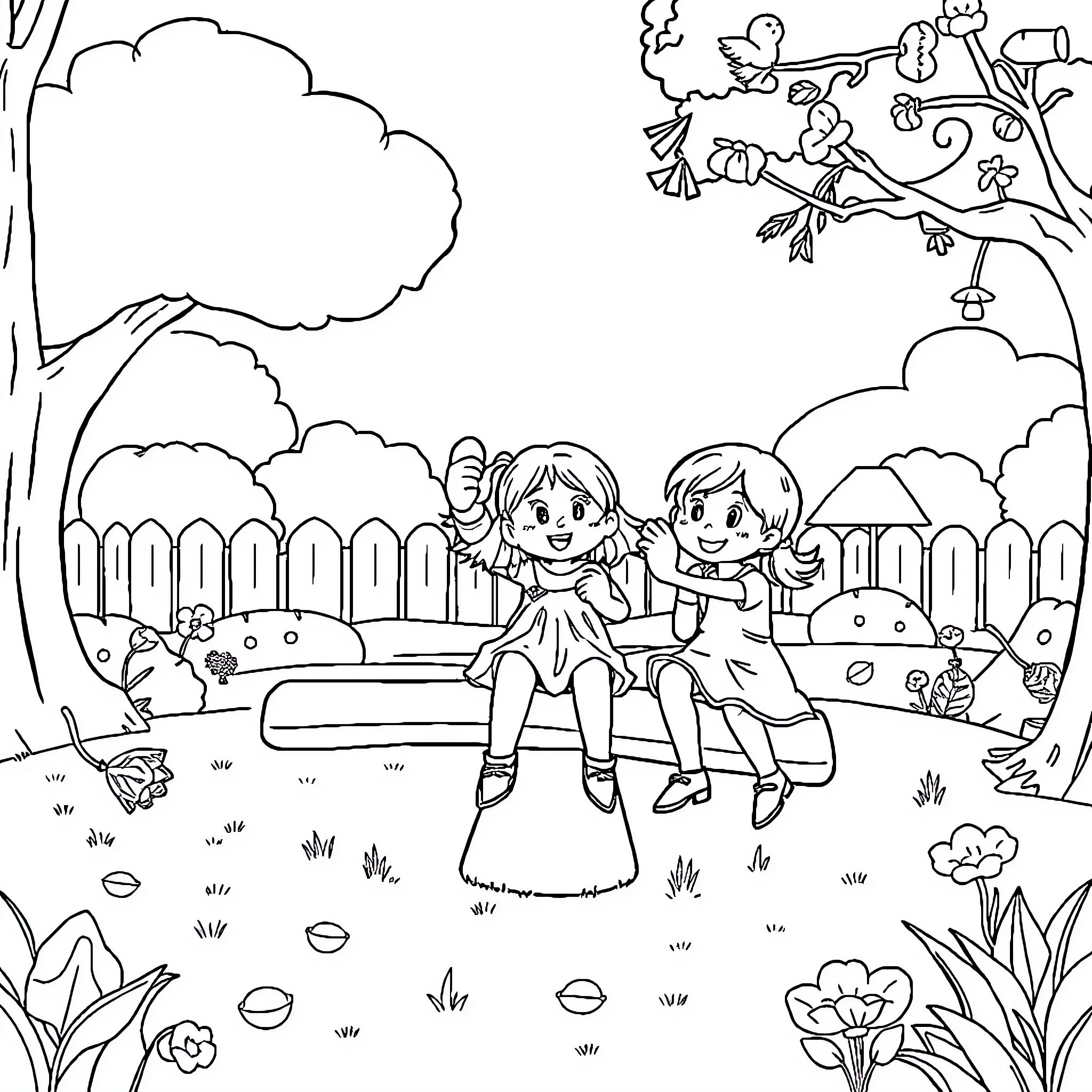 Child playing outdoors in a natural setting Coloring Page (free black-and-white line drawing printable PDF for all, from beginners to advanced learners, including children, teens, adults, and seniors)