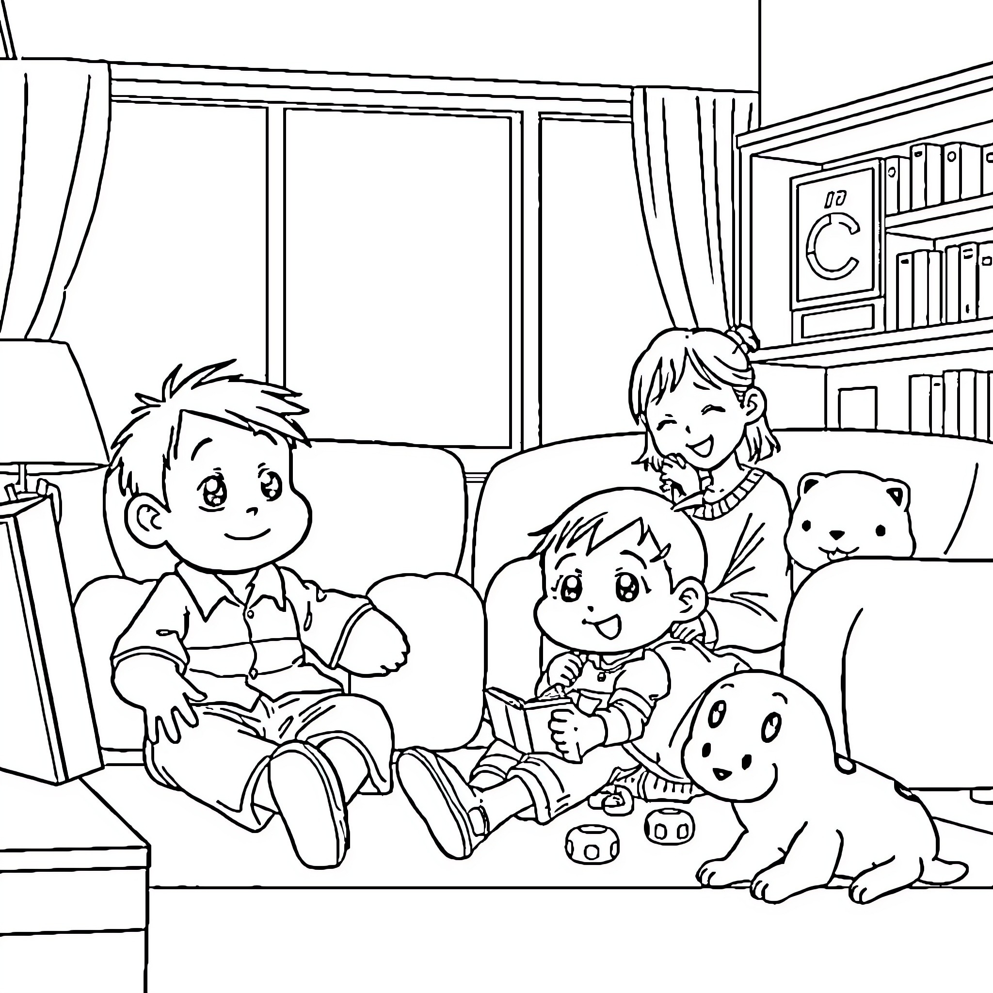 Shinchan enjoying playtime with friends and pets Coloring Page (free black-and-white line drawing printable PDF for all, from beginners to advanced learners, including children, teens, adults, and seniors)