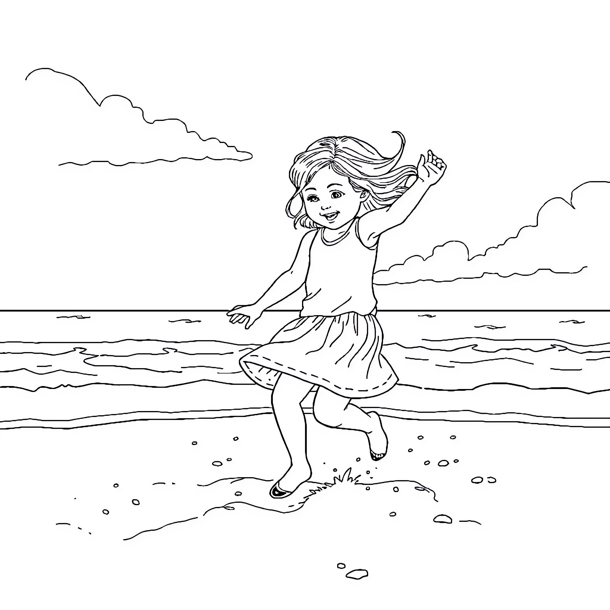 Girl joyfully playing on the beach Coloring Page (free black-and-white line drawing printable PDF for all, from beginners to advanced learners, including children, teens, adults, and seniors)