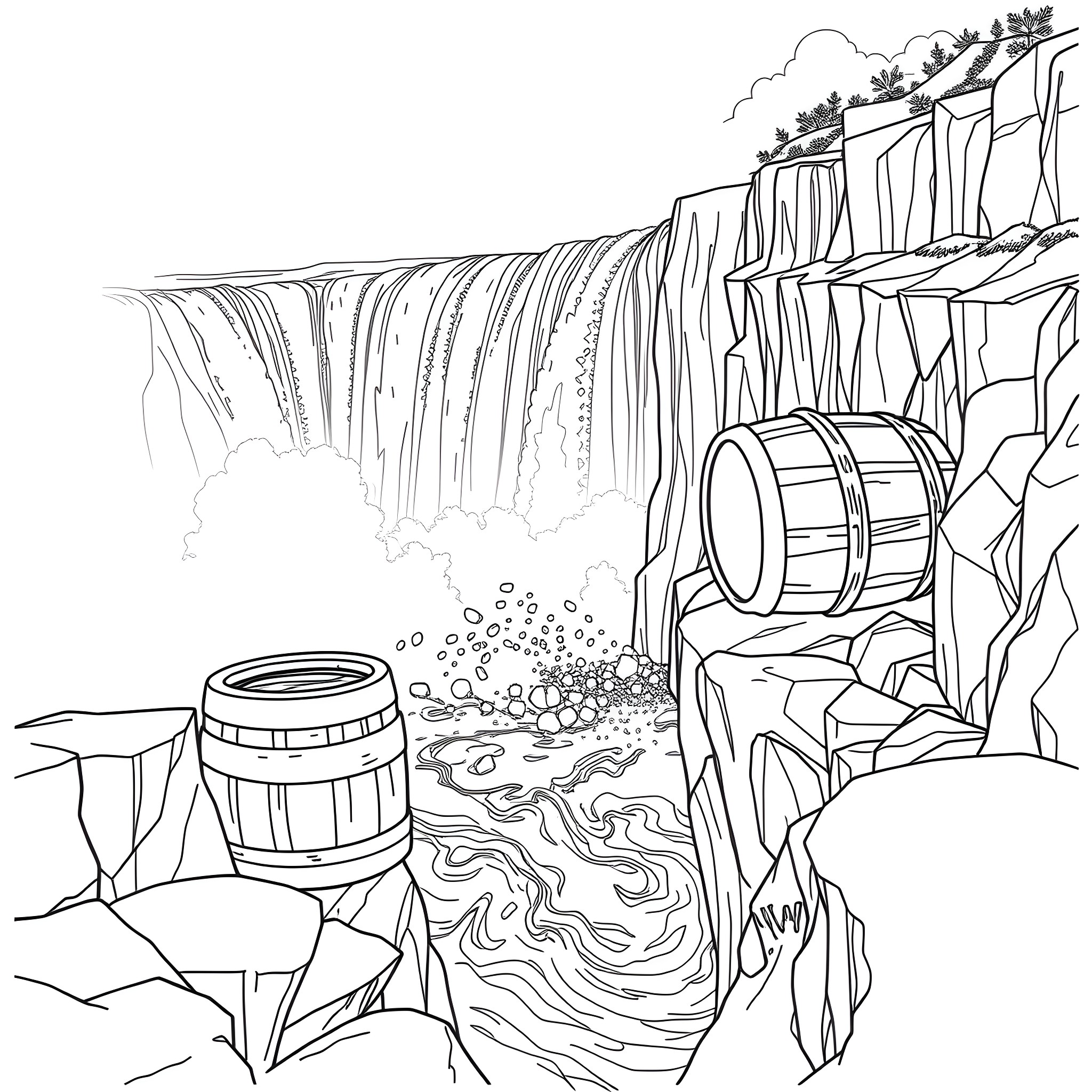 Barrel Rolling Down Waterfall Cliffs Coloring Page (free black-and-white line drawing printable PDF for all, from beginners to advanced learners, including children, teens, adults, and seniors)