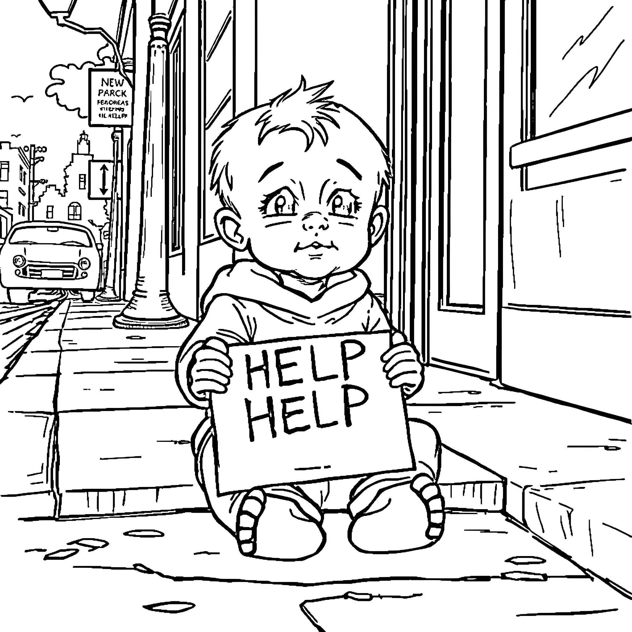 Baby holding help sign in city street Coloring Page (free black-and-white line drawing printable PDF for all, from beginners to advanced learners, including children, teens, adults, and seniors)