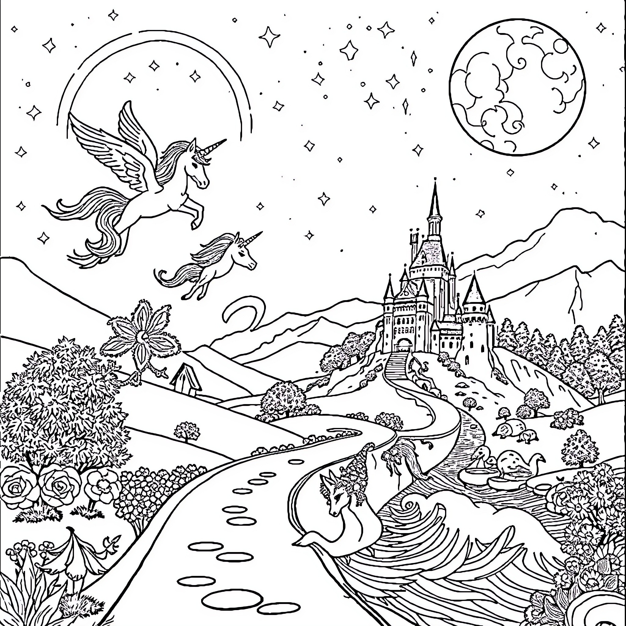 Licorne: Unicorns in a Fantastical Landscape Coloring Page (free black-and-white line drawing printable PDF for all, from beginners to advanced learners, including children, teens, adults, and seniors)