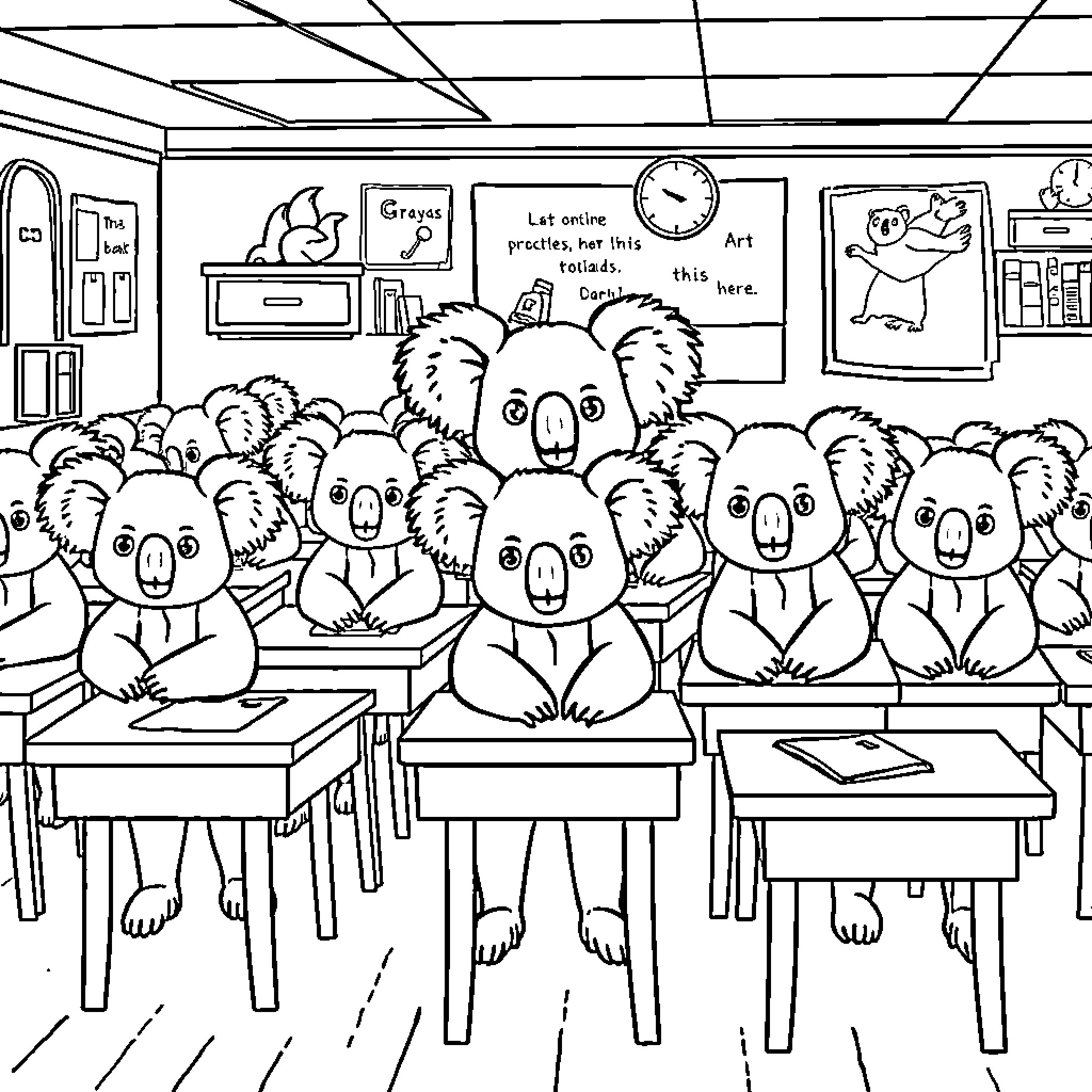 Koalas learning in a classroom Coloring Page (free black-and-white line drawing printable PDF for all, from beginners to advanced learners, including children, teens, adults, and seniors)