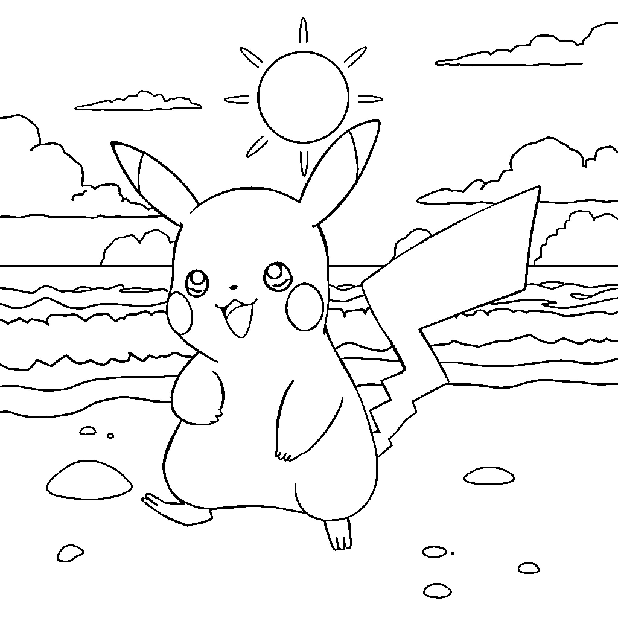 Pikachu enjoying the scenic beach landscape Coloring Page (free black-and-white line drawing printable PDF for all, from beginners to advanced learners, including children, teens, adults, and seniors)