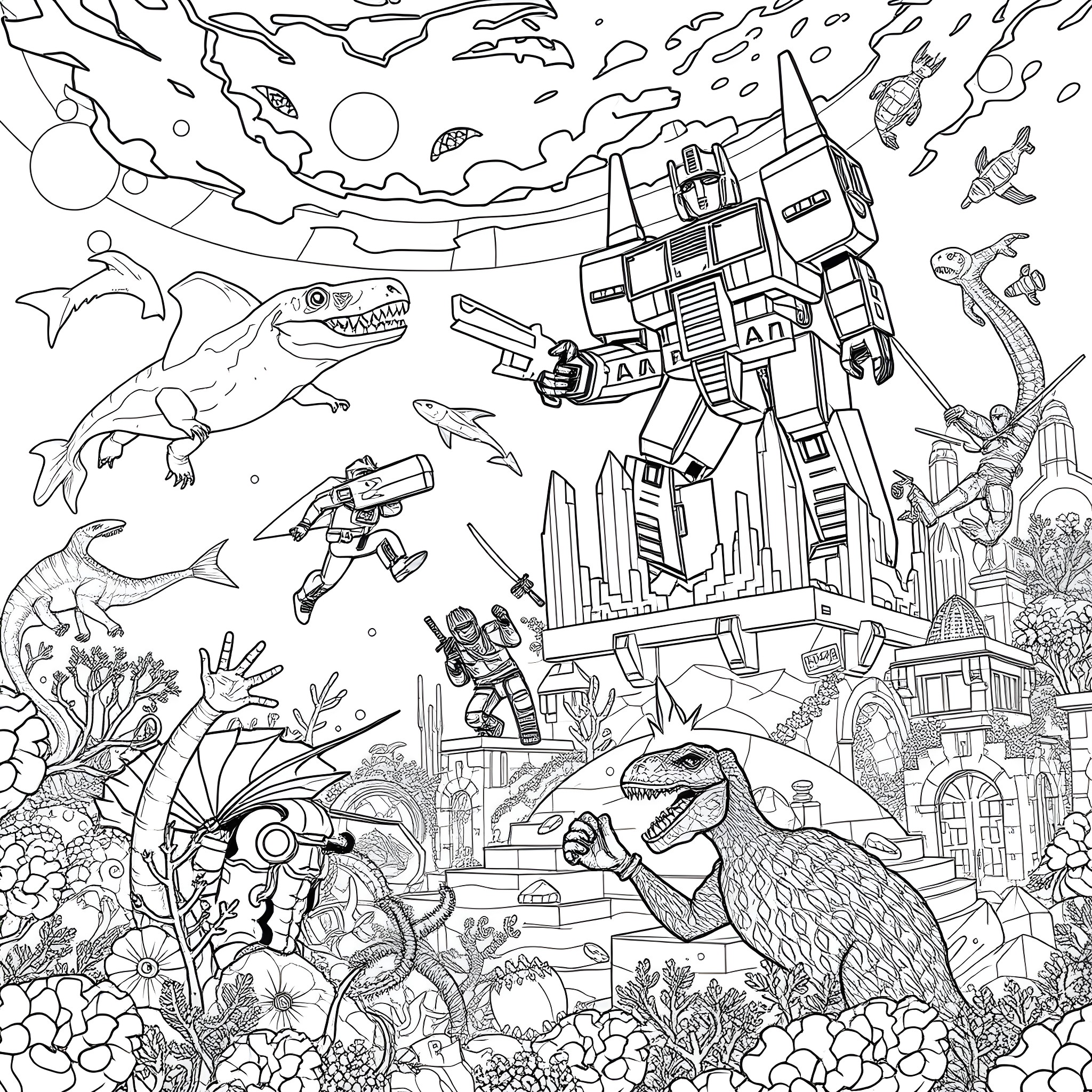 Creature Battle Unfolds in Sci-Fi Cityscape Coloring Page (free black-and-white line drawing printable PDF for all, from beginners to advanced learners, including children, teens, adults, and seniors)