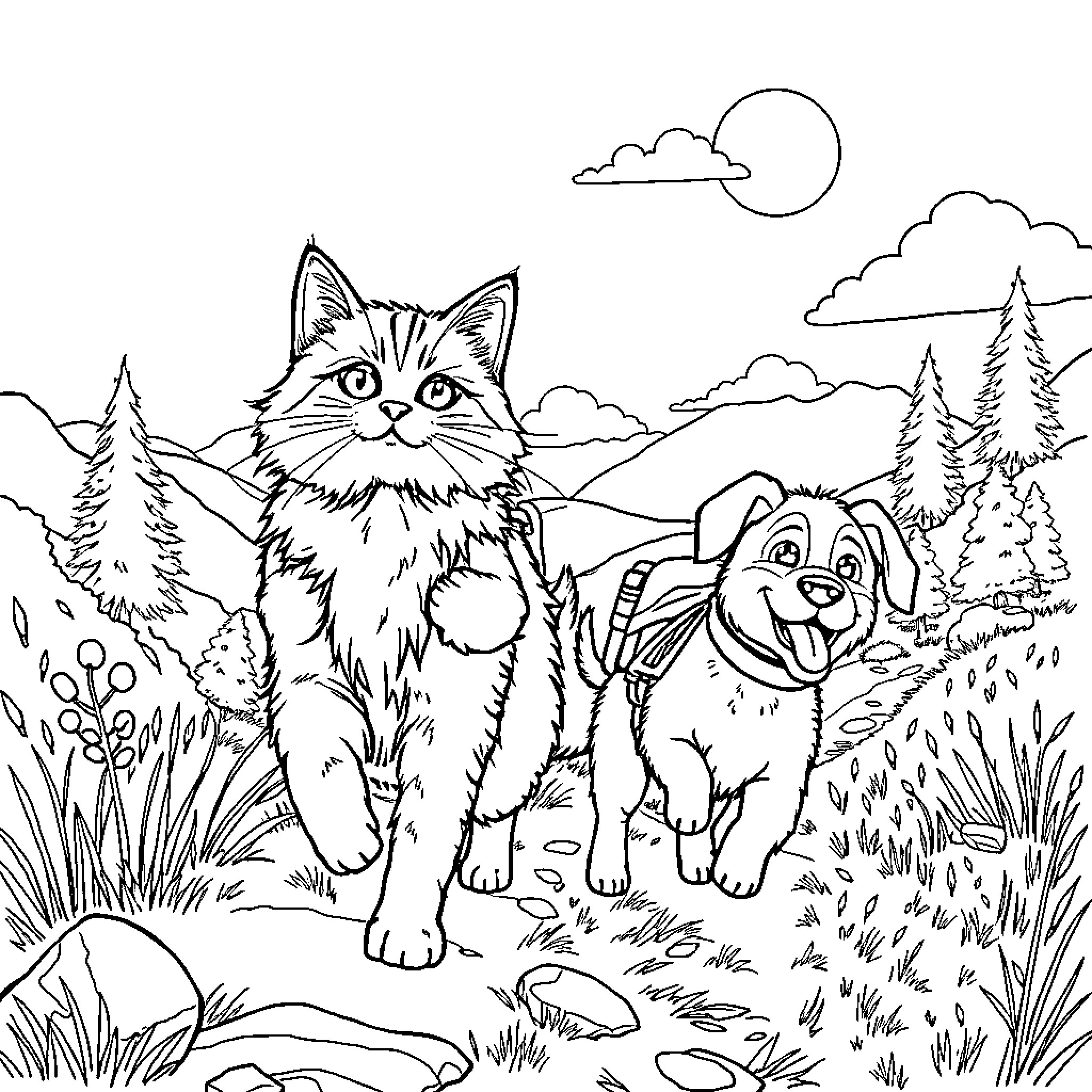 Cat and Dog Exploring the Outdoors Coloring Page (free black-and-white line drawing printable PDF for all, from beginners to advanced learners, including children, teens, adults, and seniors)