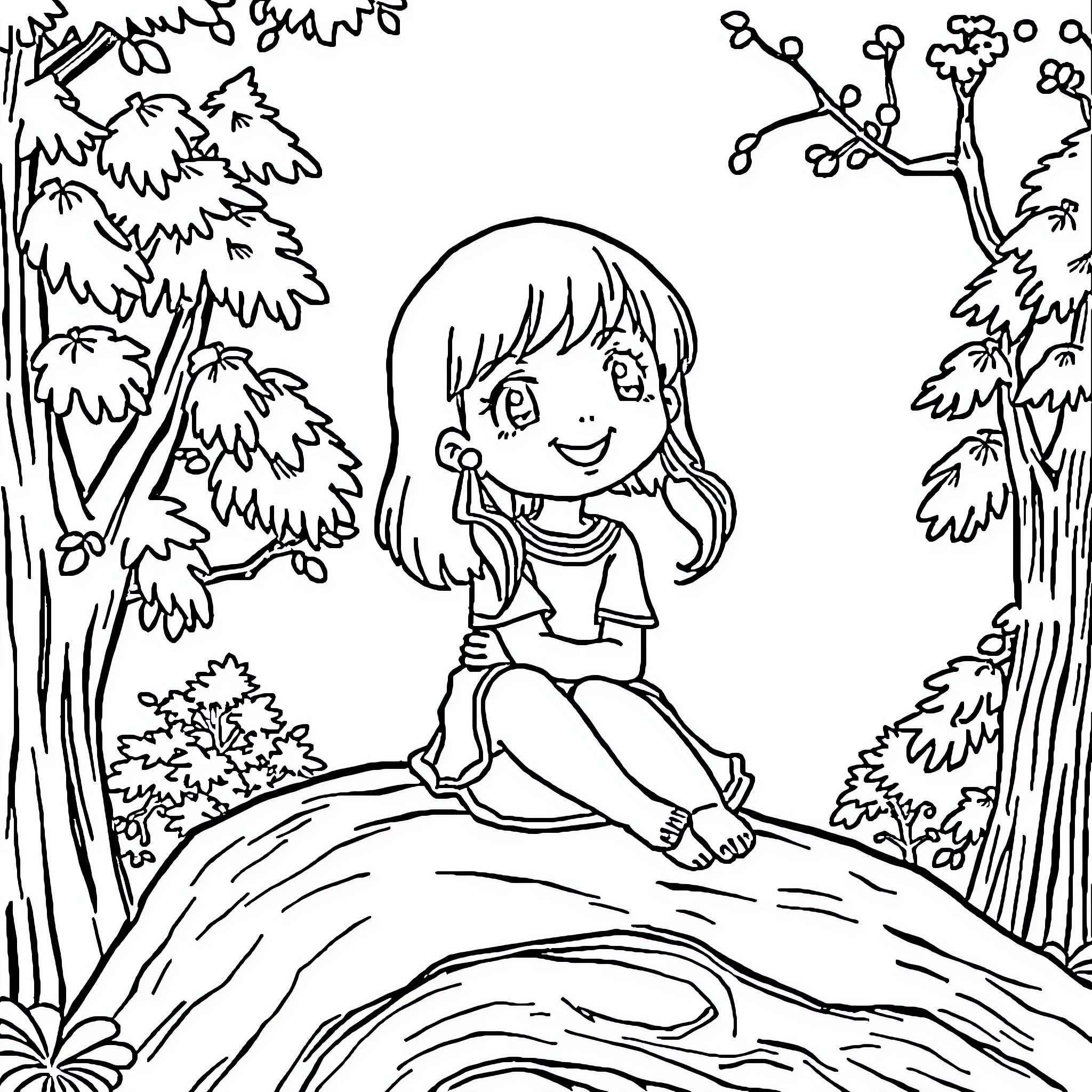 Little Girl Sitting Peacefully in the Forest Coloring Page (free black-and-white line drawing printable PDF for all, from beginners to advanced learners, including children, teens, adults, and seniors)