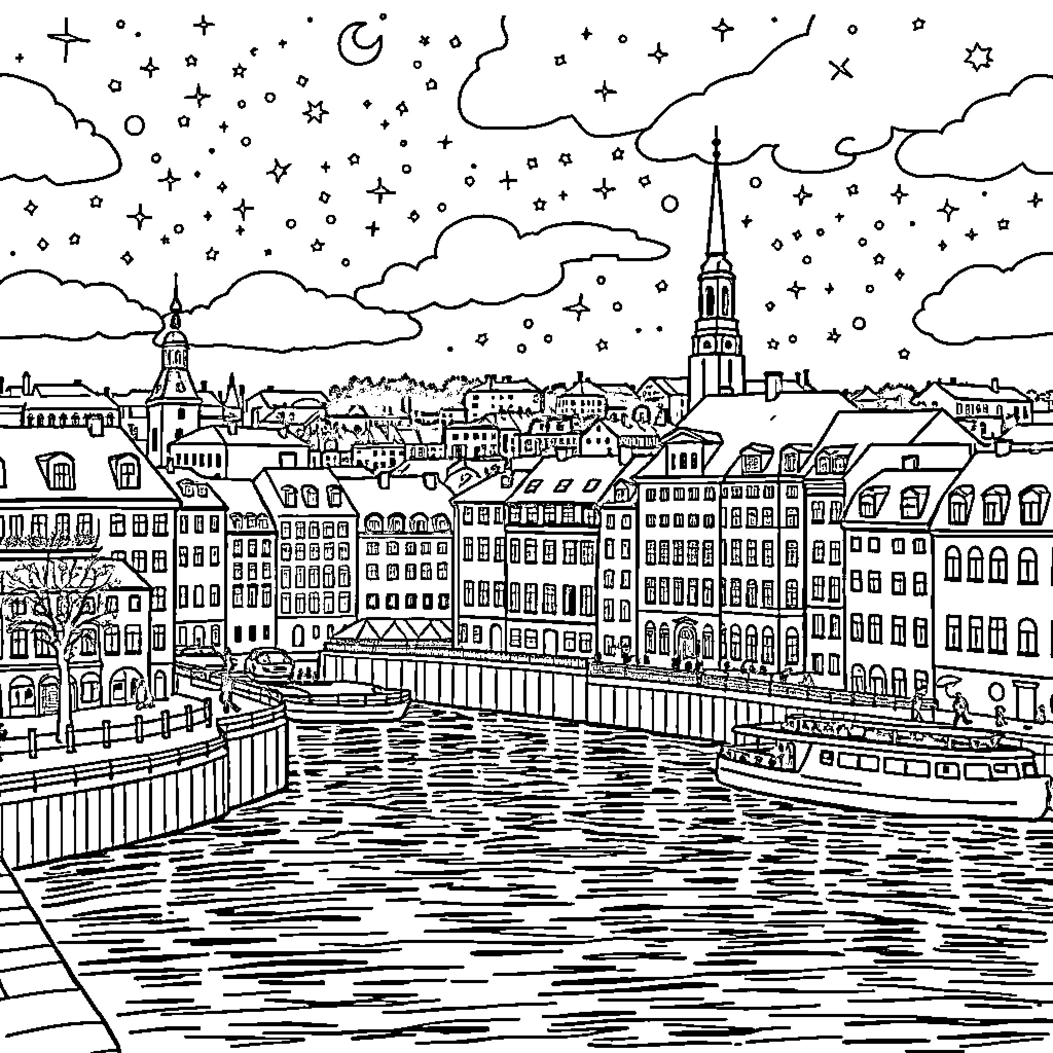 Stockholm nocturnal cityscape with boats and architecture Coloring Page (free black-and-white line drawing printable PDF for all, from beginners to advanced learners, including children, teens, adults, and seniors)