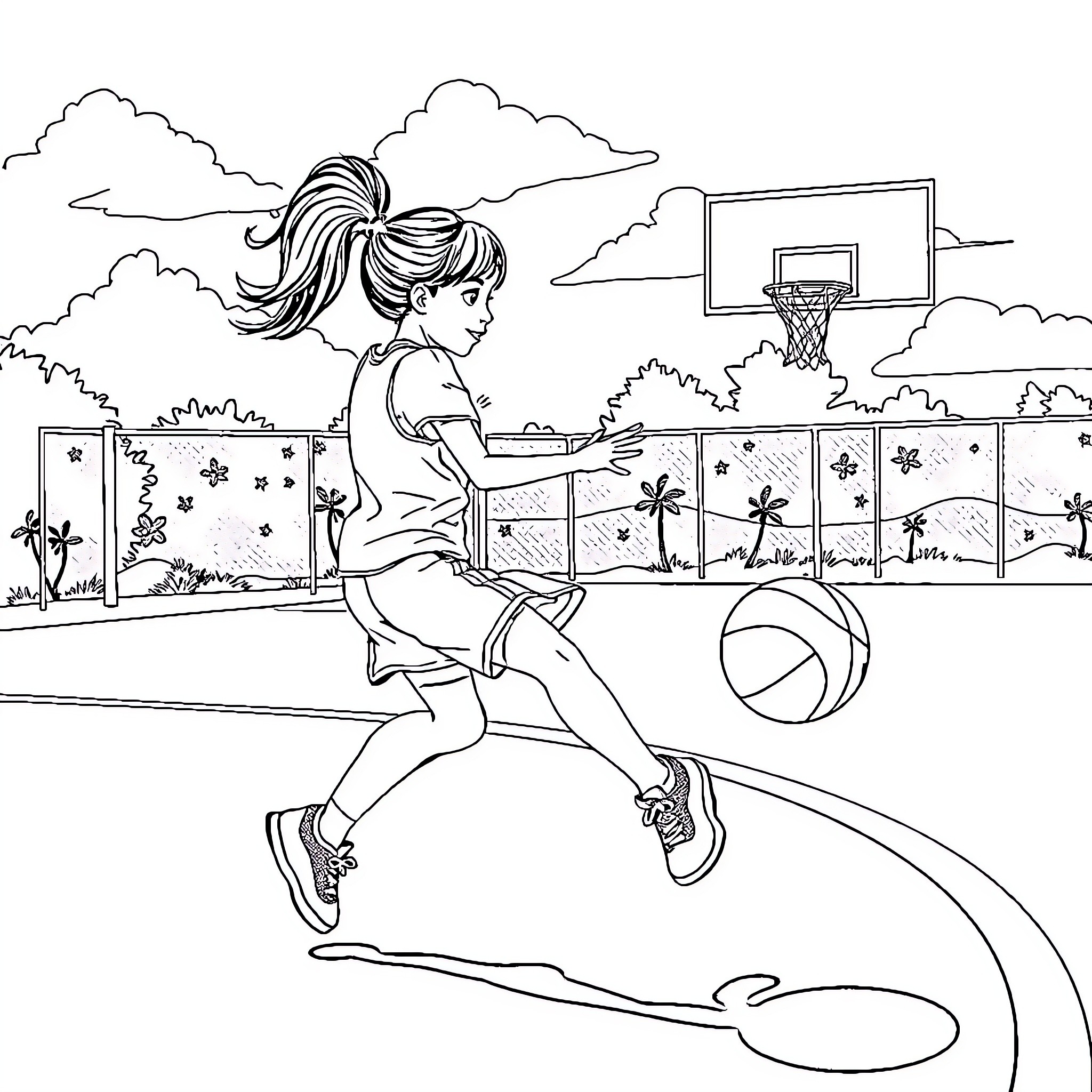 Girl playing basketball on the court Coloring Page (free black-and-white line drawing printable PDF for all, from beginners to advanced learners, including children, teens, adults, and seniors)