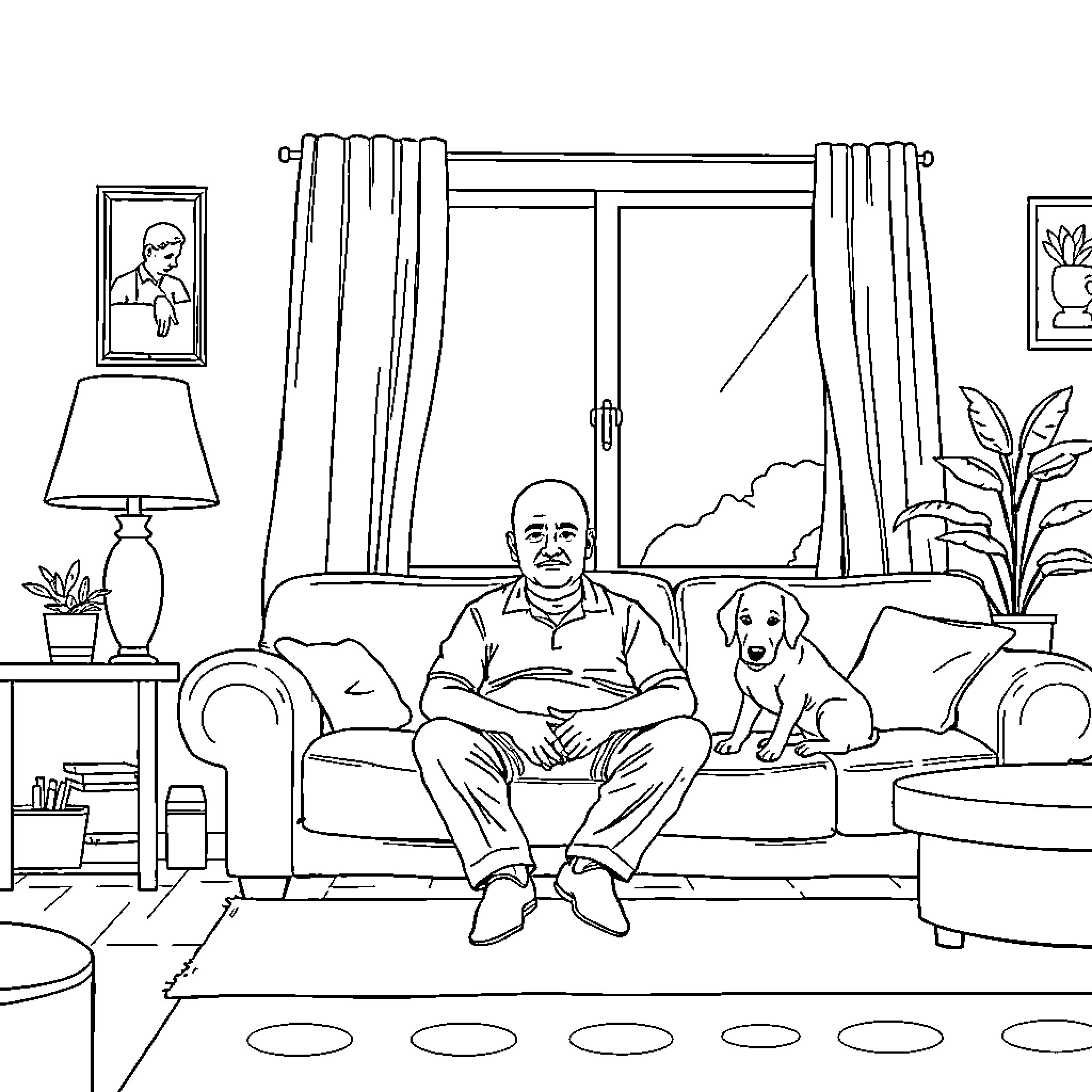Man relaxing at home with his loyal dog Coloring Page (free black-and-white line drawing printable PDF for all, from beginners to advanced learners, including children, teens, adults, and seniors)