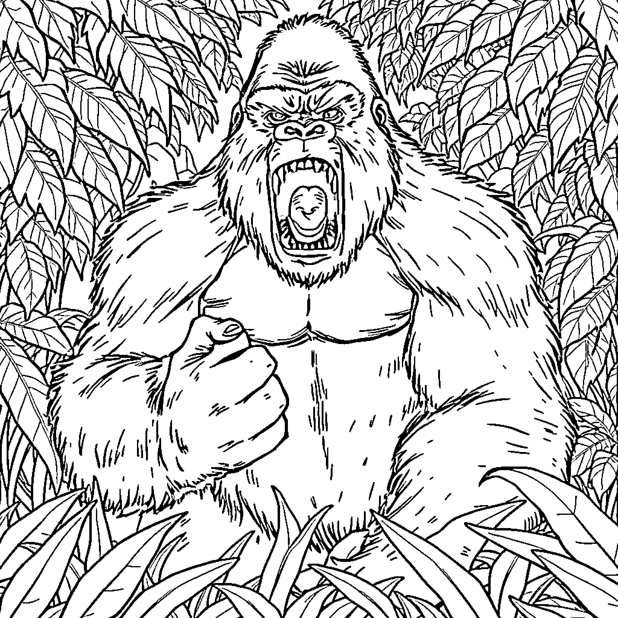 Gorilla roaring aggressively in the jungle Coloring Page (free black-and-white line drawing printable PDF for all, from beginners to advanced learners, including children, teens, adults, and seniors)