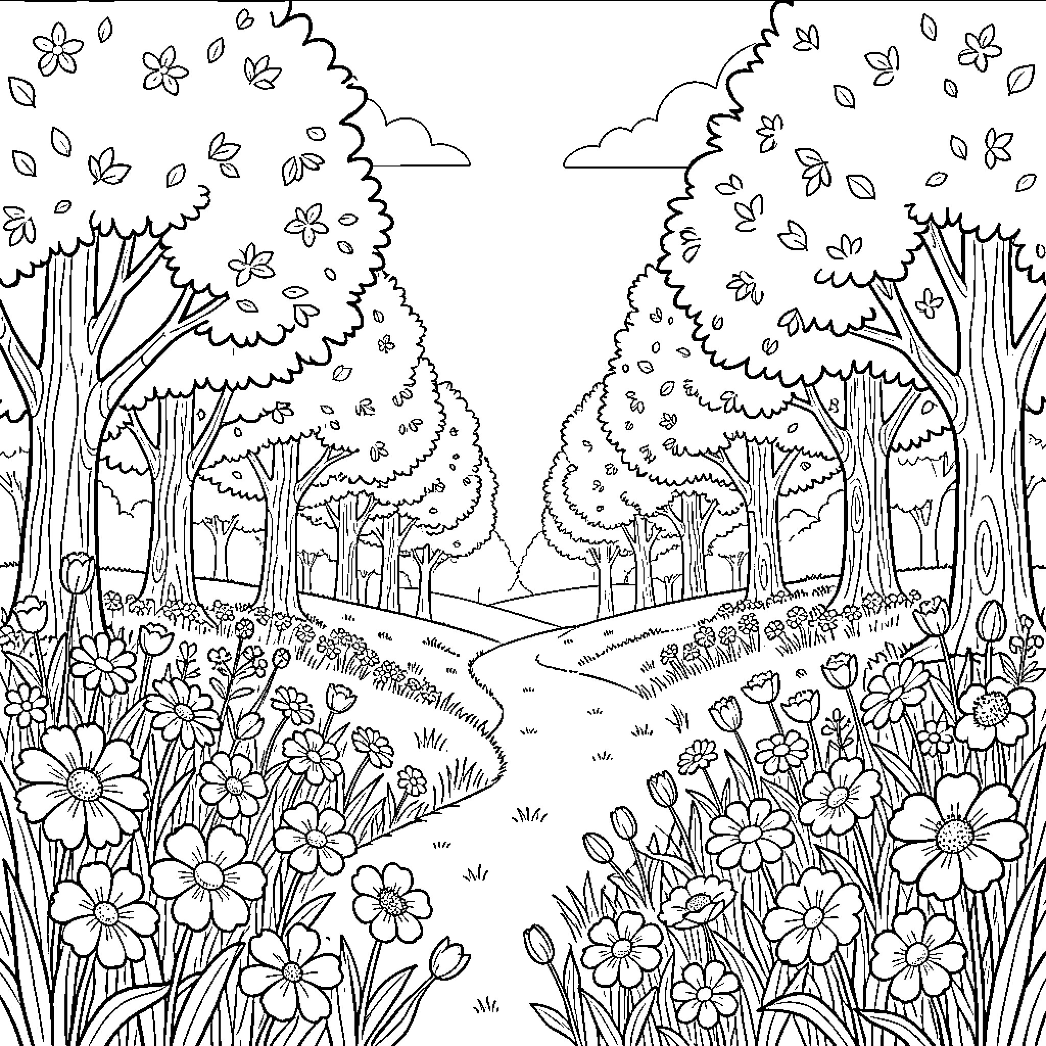 Spring flowers and trees along a scenic path Coloring Page (free black-and-white line drawing printable PDF for all, from beginners to advanced learners, including children, teens, adults, and seniors)
