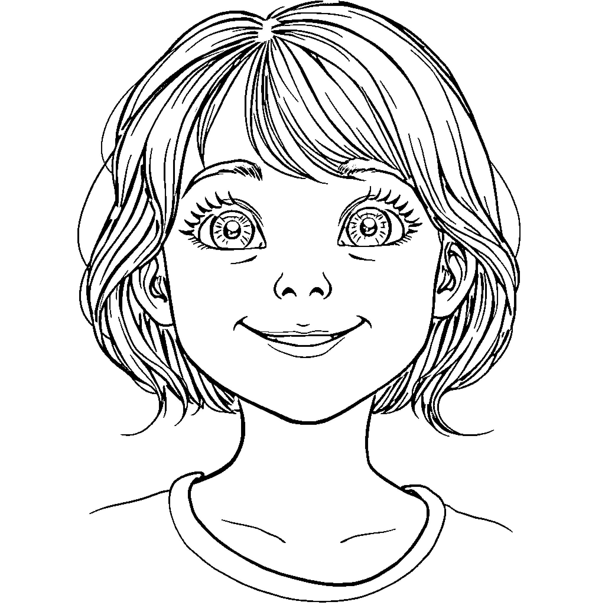 Girl smiling happily with expressive eyes Coloring Page (free black-and-white line drawing printable PDF for all, from beginners to advanced learners, including children, teens, adults, and seniors)