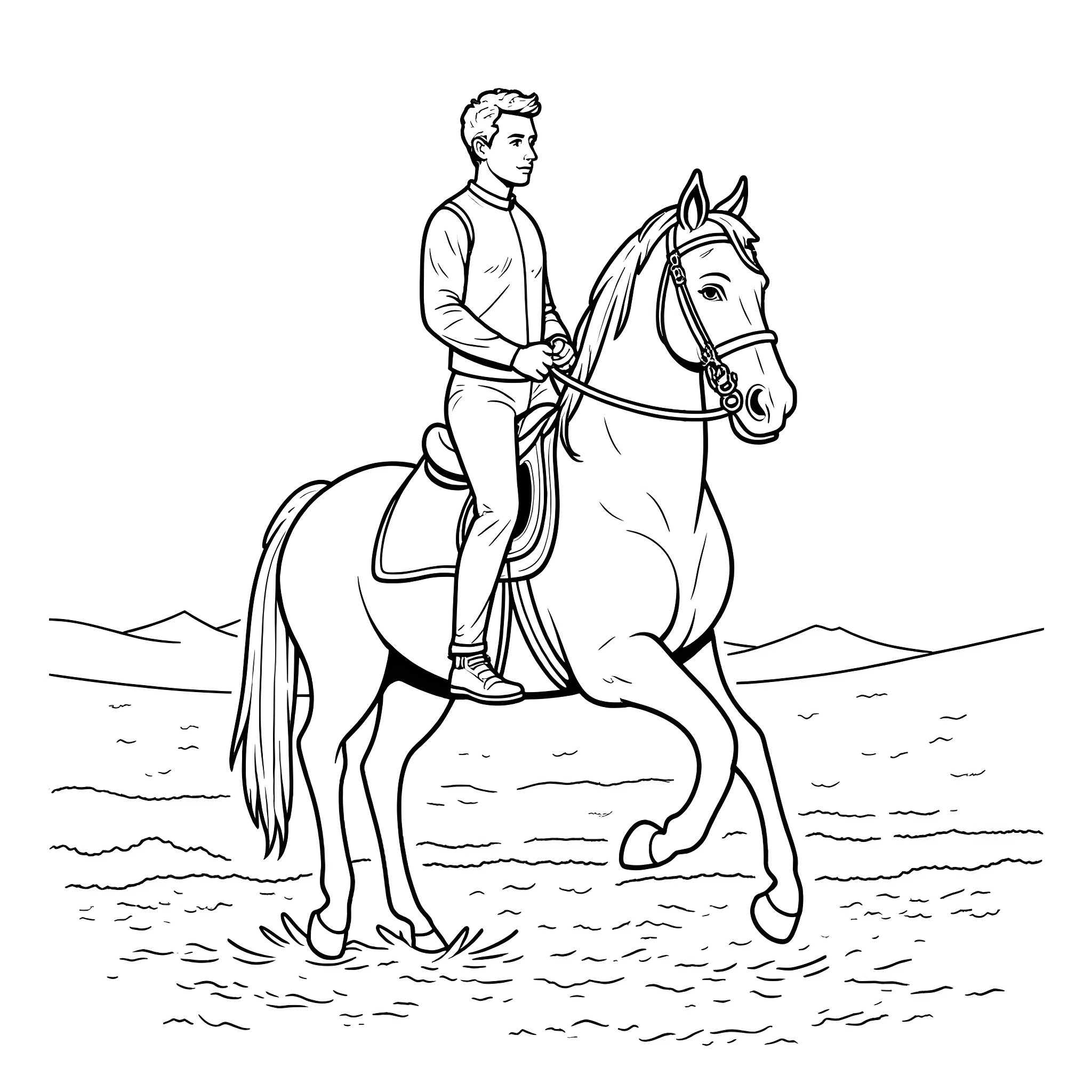 James Charles riding a horse in nature Coloring Page (free black-and-white line drawing printable PDF for all, from beginners to advanced learners, including children, teens, adults, and seniors)